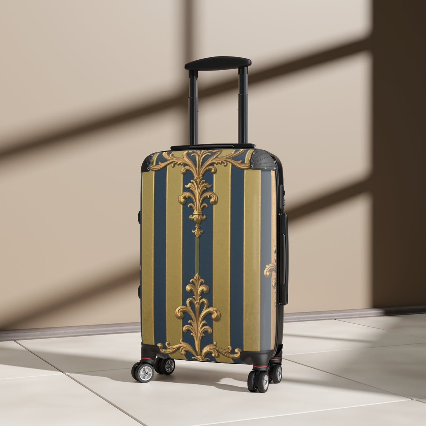 Elegant Midnight Blue & Olive Striped Gold Baroque Travel Suitcase, Chic Luggage for Stylish Travelers, Fashionable Overnight Bag, Luxury Baggage