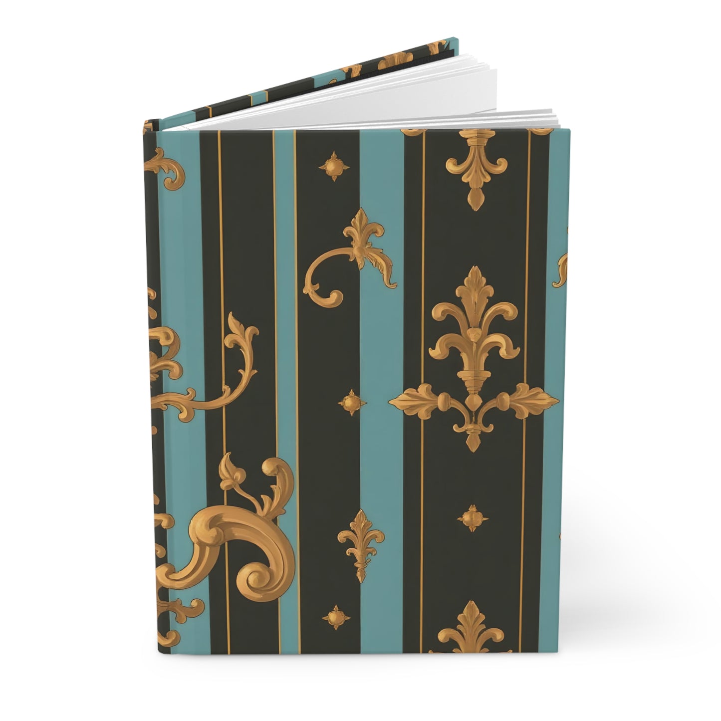 Elegant Vintage Hardcover Journal - Stylish Notebook, Diary for Writers, Travel Journal, Gift for Artists - Black & Turquoise Striped Baroque