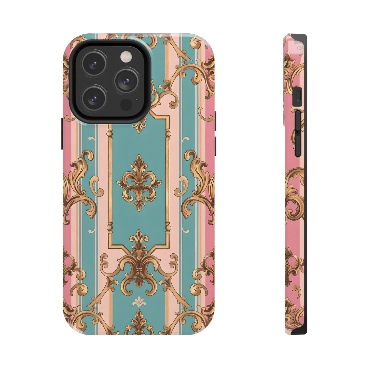 Elegant Floral Tough Phone Case, Artistic Phone Cover, Gift for Her, Chic Phone Accessory - Pink & Matte Turquoise Striped Rococo