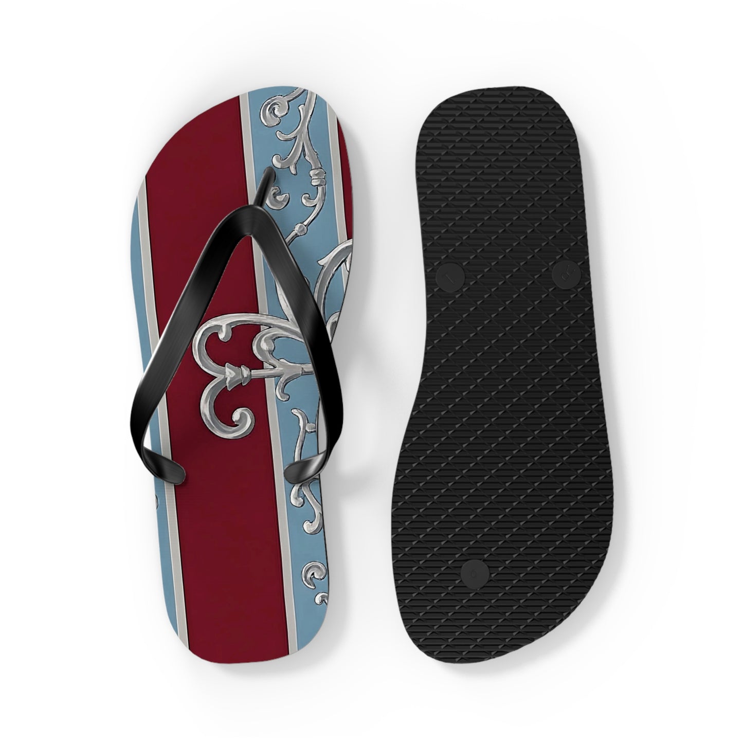 Elegant Vintage Flip Flops - Stylish Summer Footwear with Classic Design - Ice Blue & Burgundy Striped Baroque