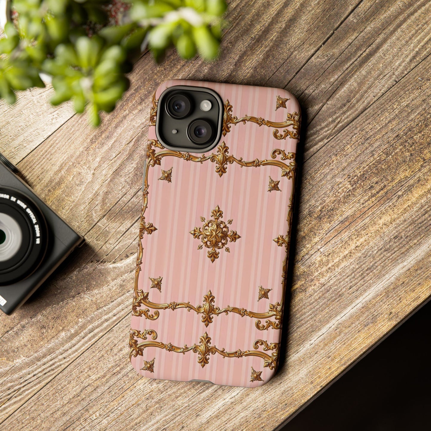 Elegant Floral Phone Case, Tough Cases for Women, Trendy Phone Cover, Chic Gift - Pink Striped Gold Baroque