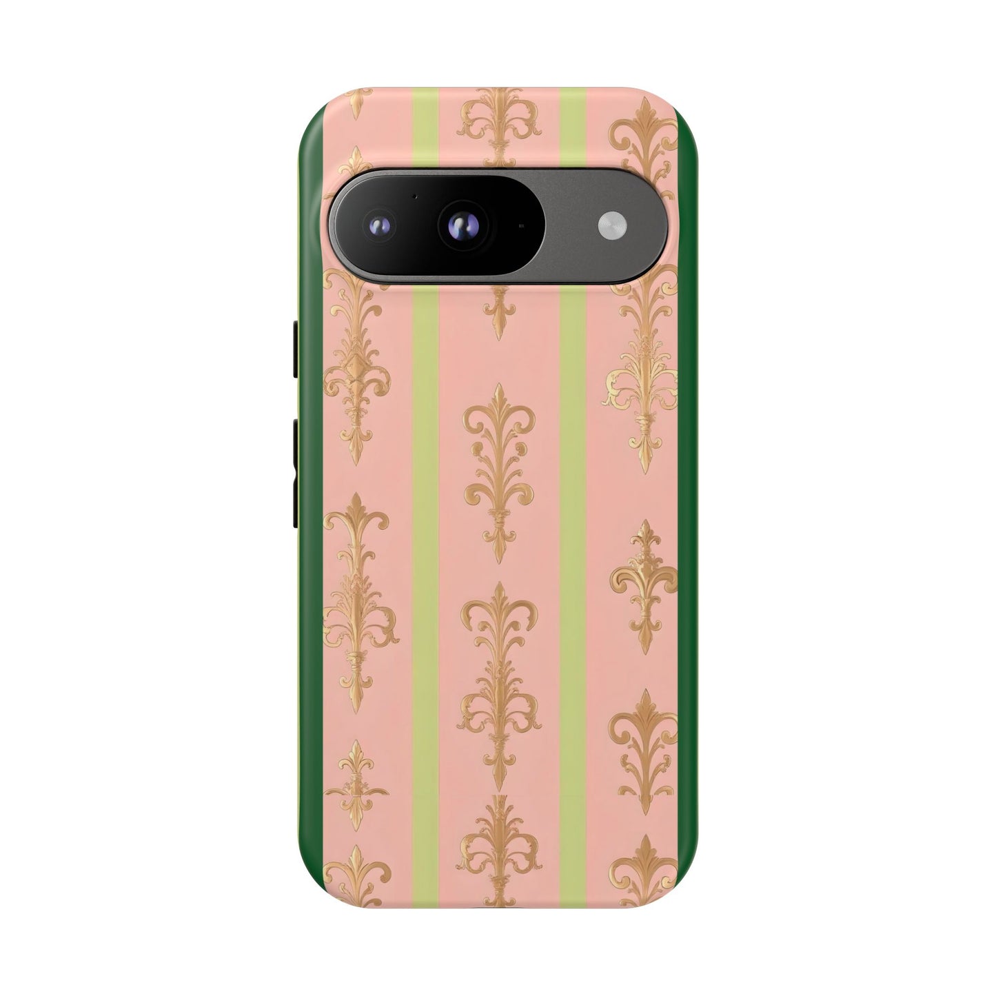Elegant Floral Motif Phone Case - Tough Cases with Vintage Design - Lime Green & Pink Striped Damask