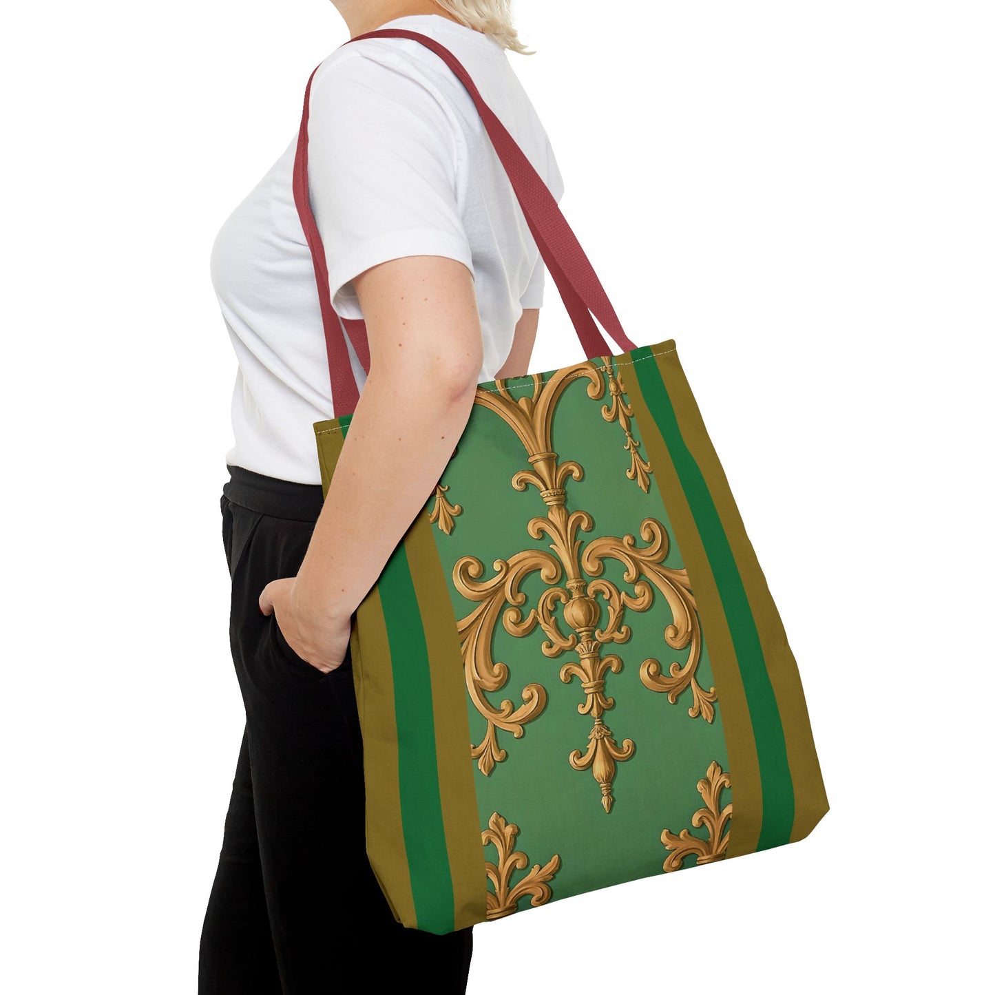 Ornate Floral Tote Bag, Chic Shopping Bag, Fashionable Eco Tote, Stylish Gift for Her, Versatile Everyday Use - Olive Green Striped Rococo