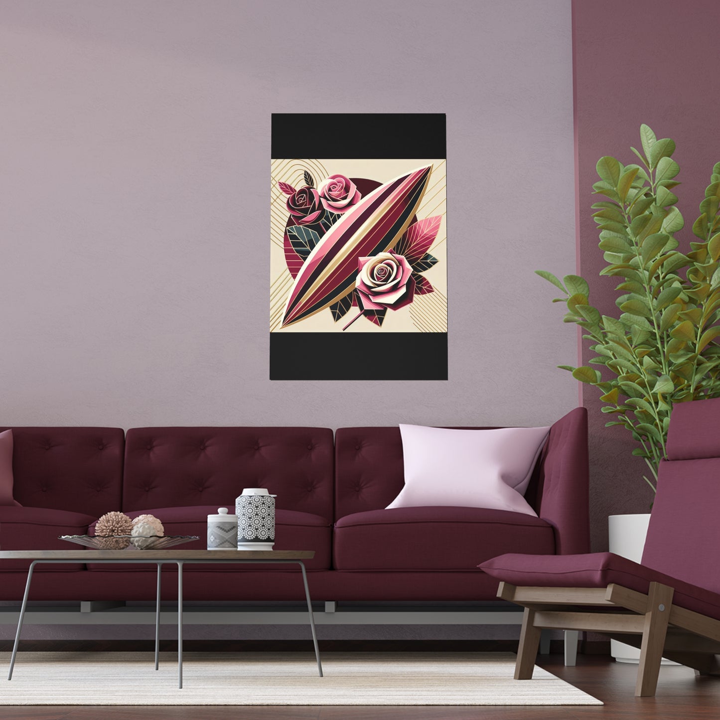 Elegant Floral Silk Poster - Indoor/Outdoor Wall Art for Home Decor - Pink & Burgundy Striped Surfboard & Roses