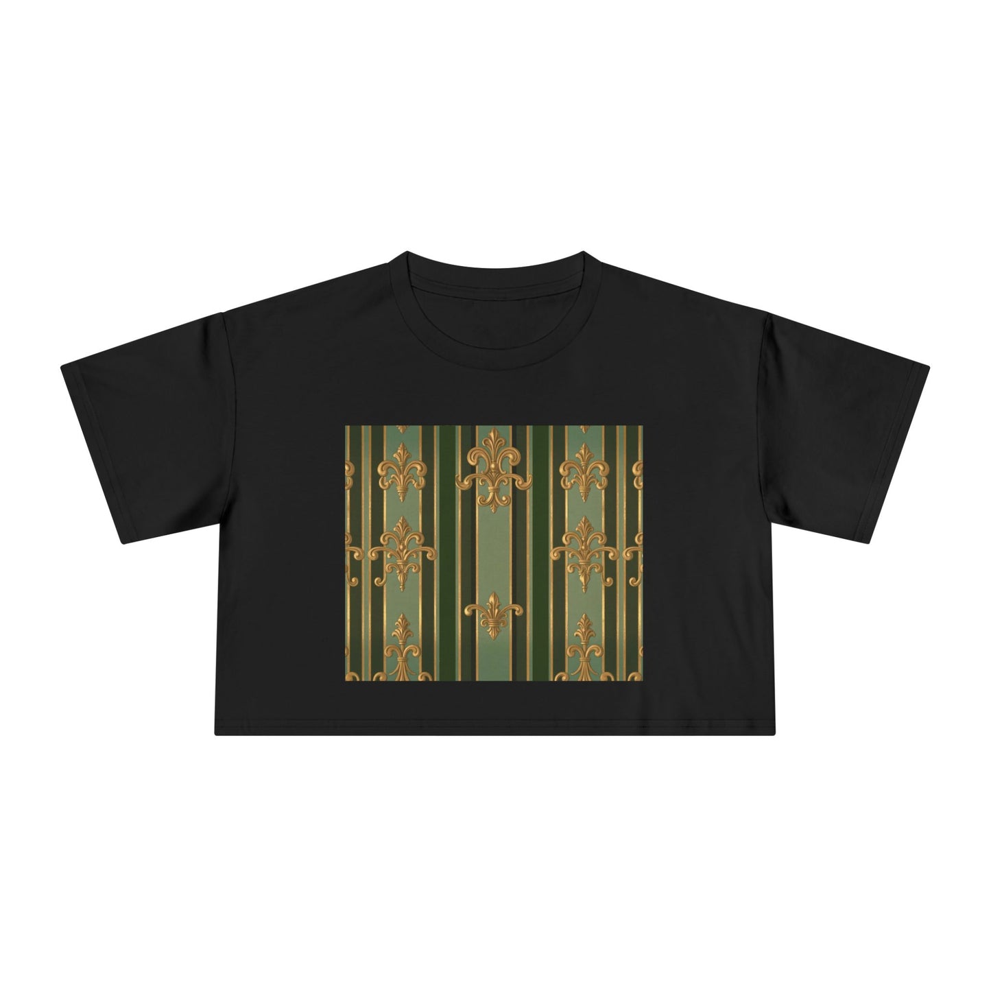 Chic Baroque Women's Crop Tee, Trendy Summer Top, Casual Outing Shirt, Stylish Layering Piece, Gift for Her - Green Striped Gold Baroque