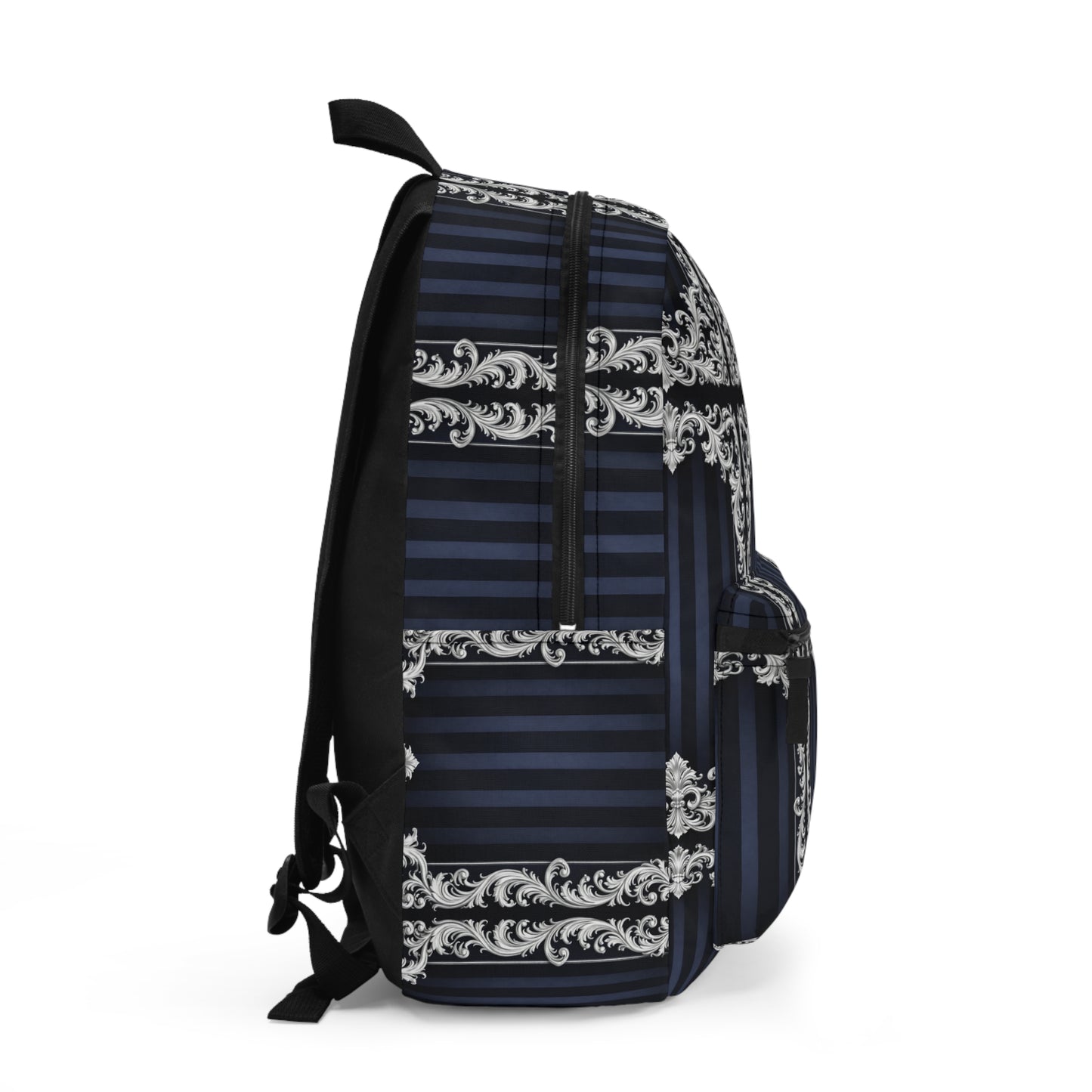 Navy Stripes & Baroque Backpack — Vintage Ornate Scroll Pattern, Navy & Silver