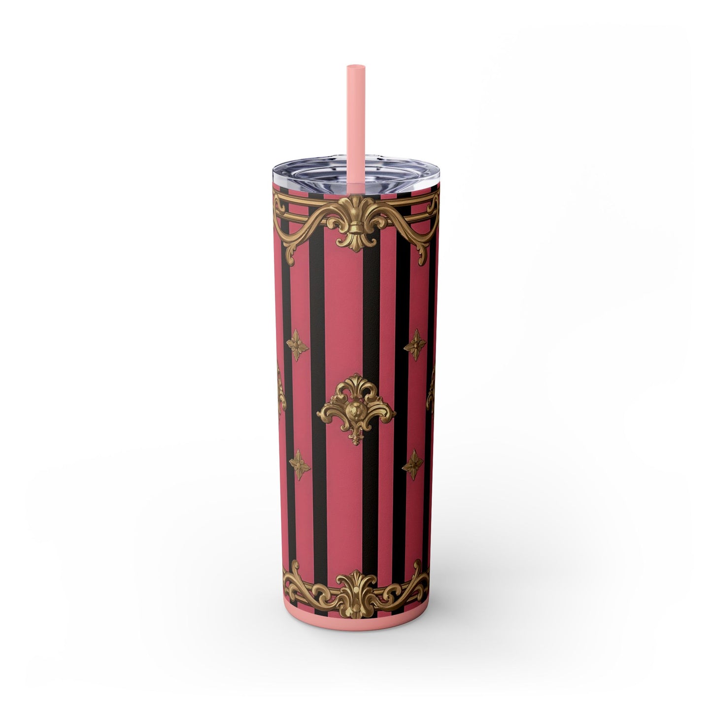 Elegant Pink Striped Skinny Tumbler with Straw, 20oz, Stylish Drinkware, Custom Gift Idea, Travel Mug, Wedding Gift - Pink Striped Gold Rococo