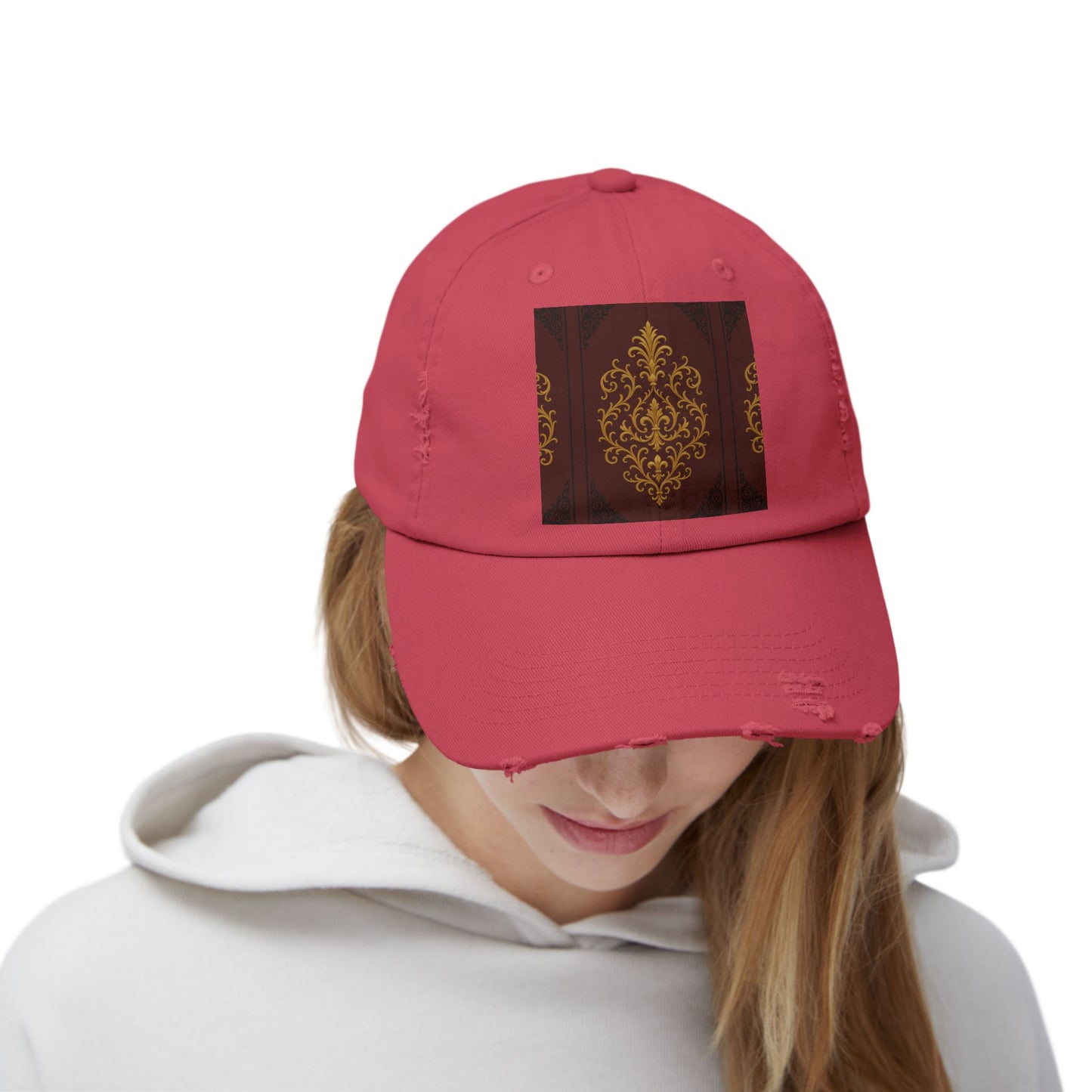 Dusk Burgundy-Black & Gold Baroque Distressed Black Cap with Vintage Gold Baroque Panel – Elegant Retro Baseball Hat