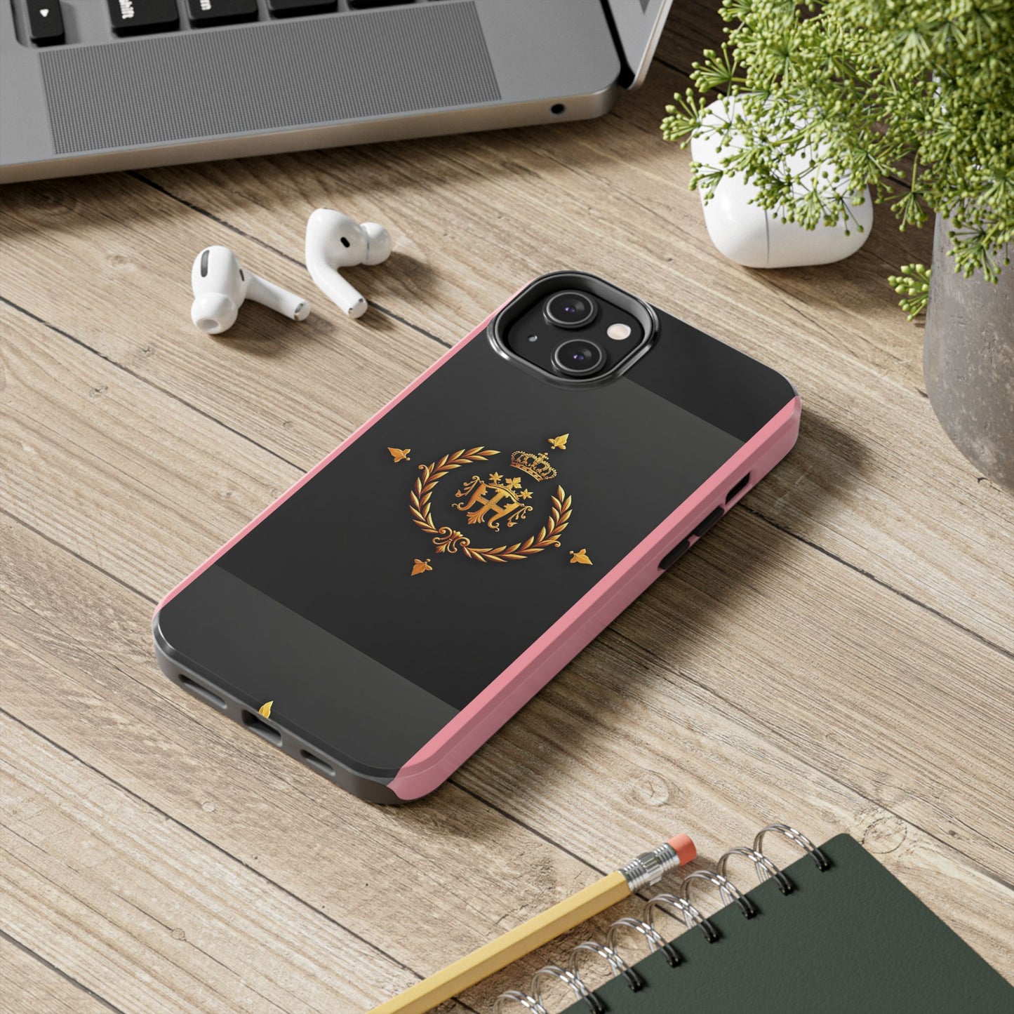 Tough Phone Case with Regal Design - Elegant Phone Protection, Gift for Him/Her, Royalty Inspired - Pink Striped Gold Crest