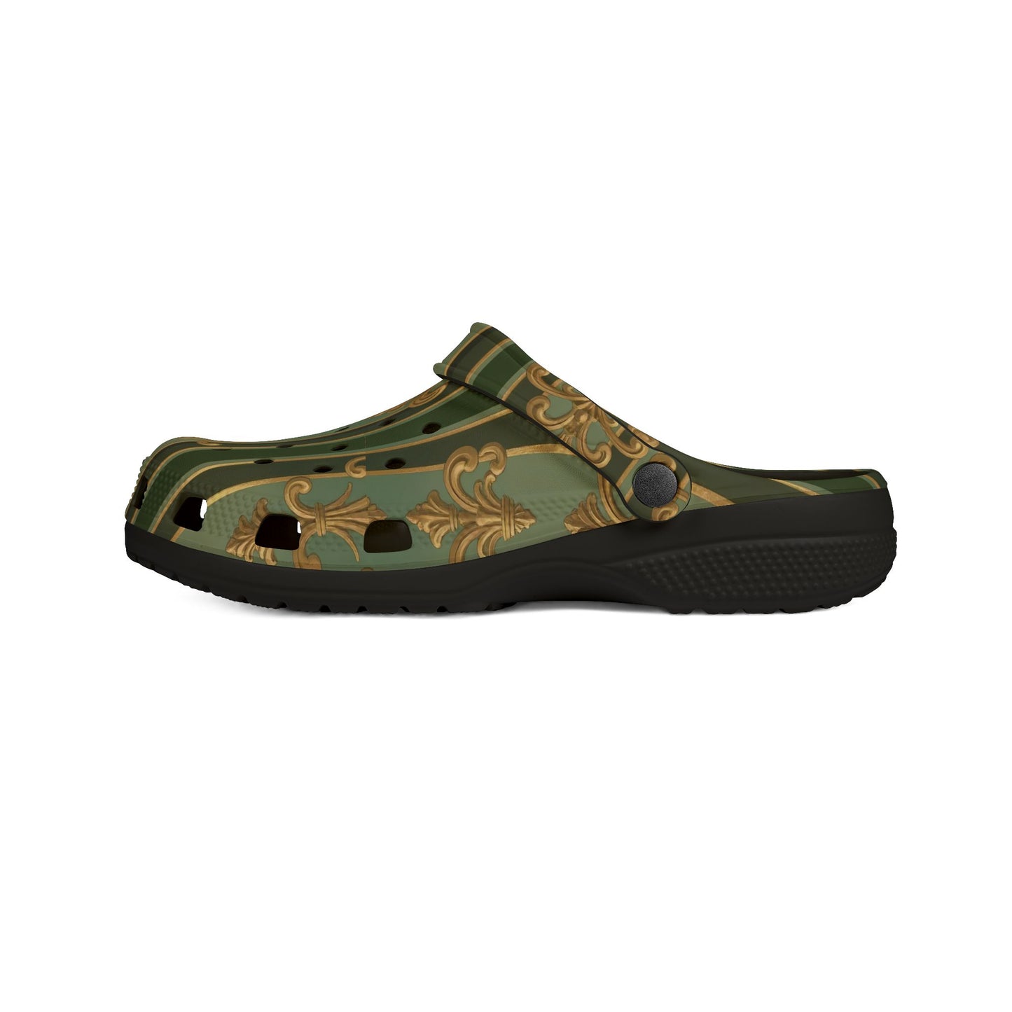 Stylish AOP EVA Foam Clogs, Trendy Foam Shoes for Comfort, Garden Sandals, Summer Outdoor Footwear - Green Striped Gold Baroque