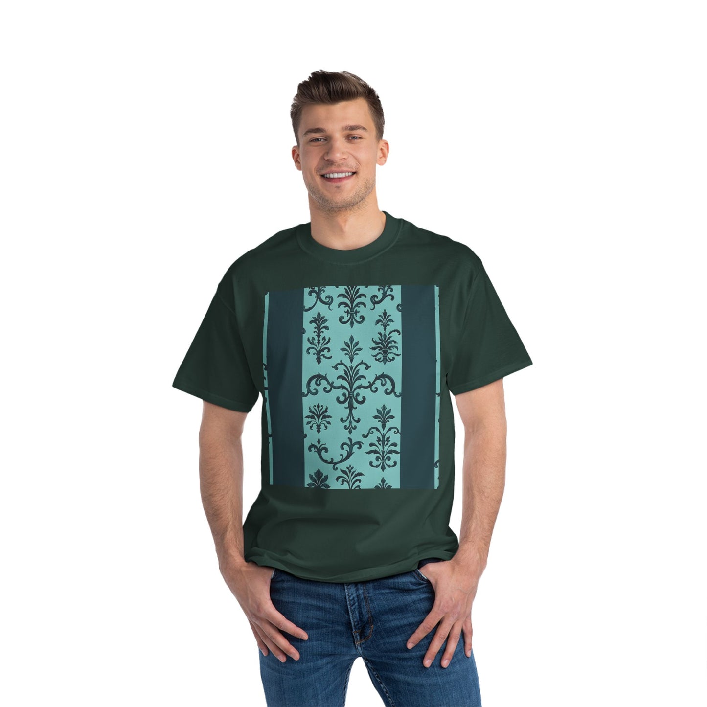 Elegant Floral T-Shirt - Vintage Design, Casual Wear, Gift for Her, Summer Fashion, Stylish Tee - Teal Striped Rococo