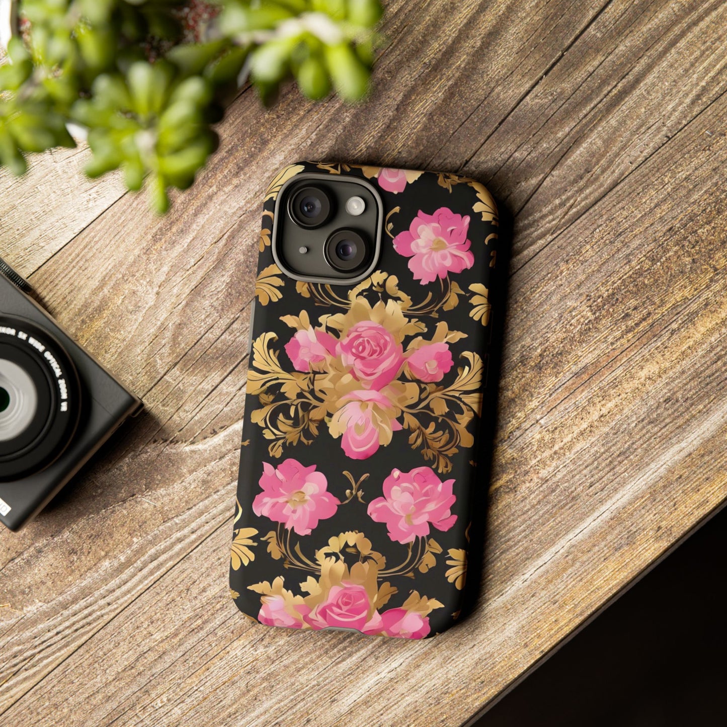 Elegant Floral Motif Phone Case - Tough Cases with Vintage Design - Pink & Gold Roses