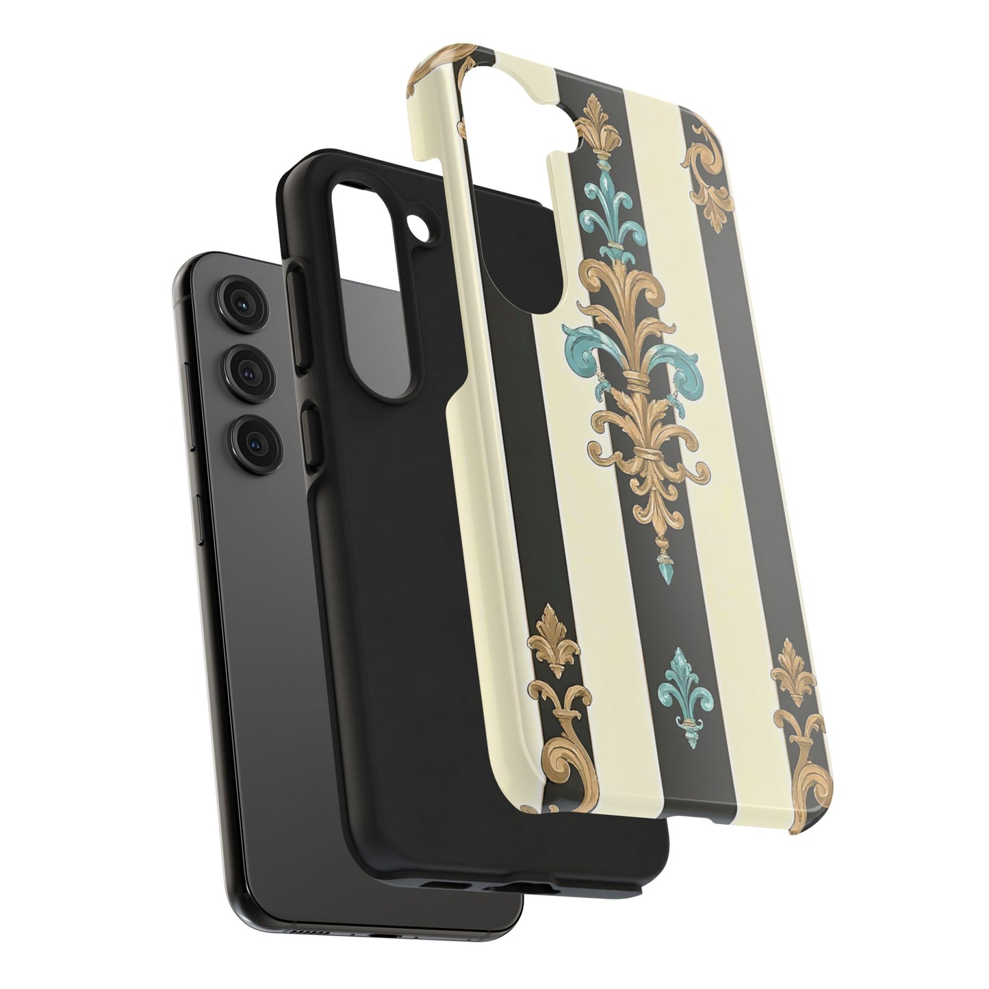 Elegant Vintage Tough Phone Cases, Stylish Phone Accessories, Quality Protection, Gifts for Her - Black Striped Turquoise & Black Rococo