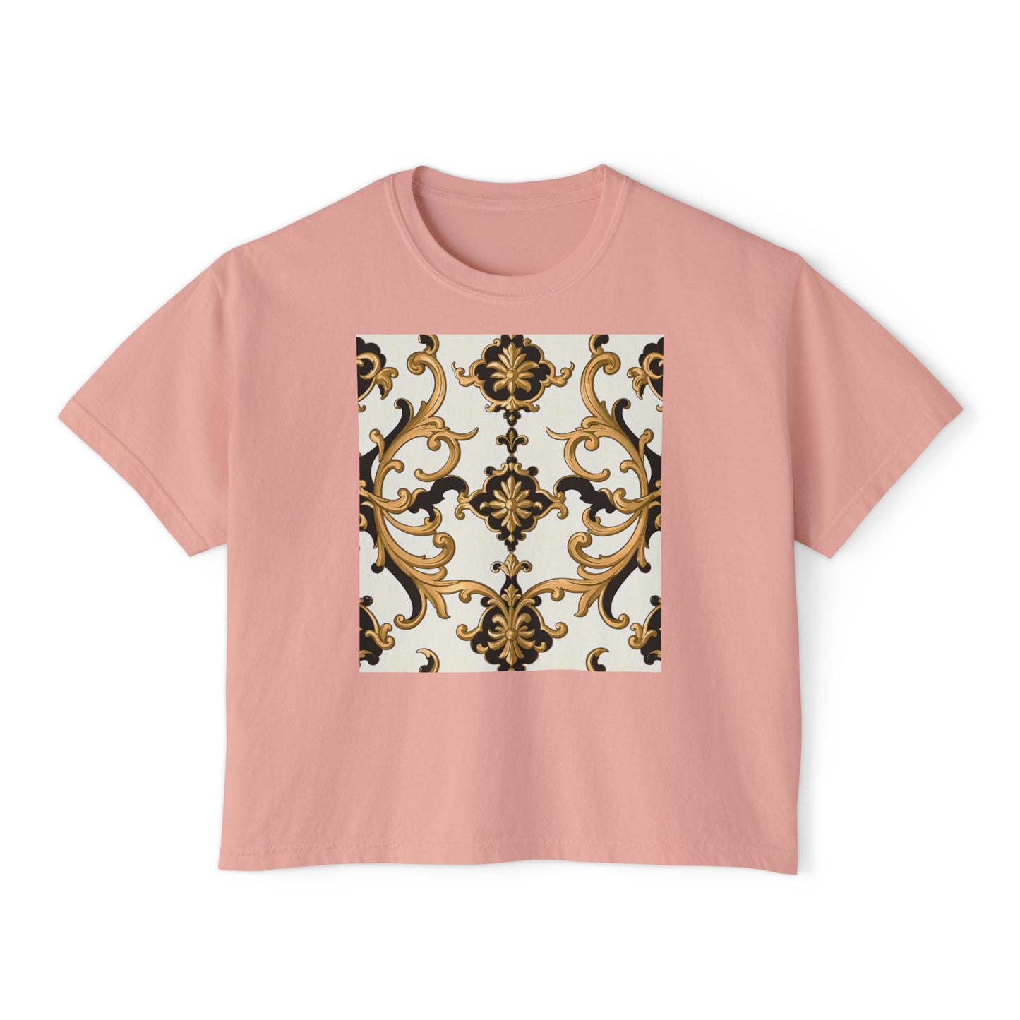 Chic Floral Women's Boxy Tee, Casual Fashion Top, Spring/Summer Essential, Relaxed Fit Tee, Vintage-Inspired Shirt - Black & Gold Rococo