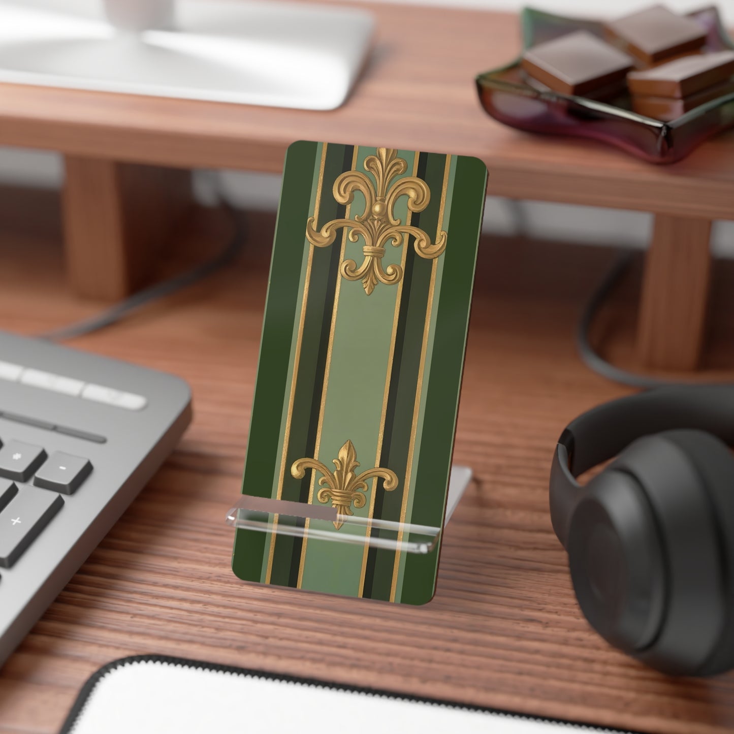 Elegant Smartphone Display Stand, Decorative Phone Holder, Desk Organizer, Gift for Home Office - Green Striped Gold Baroque