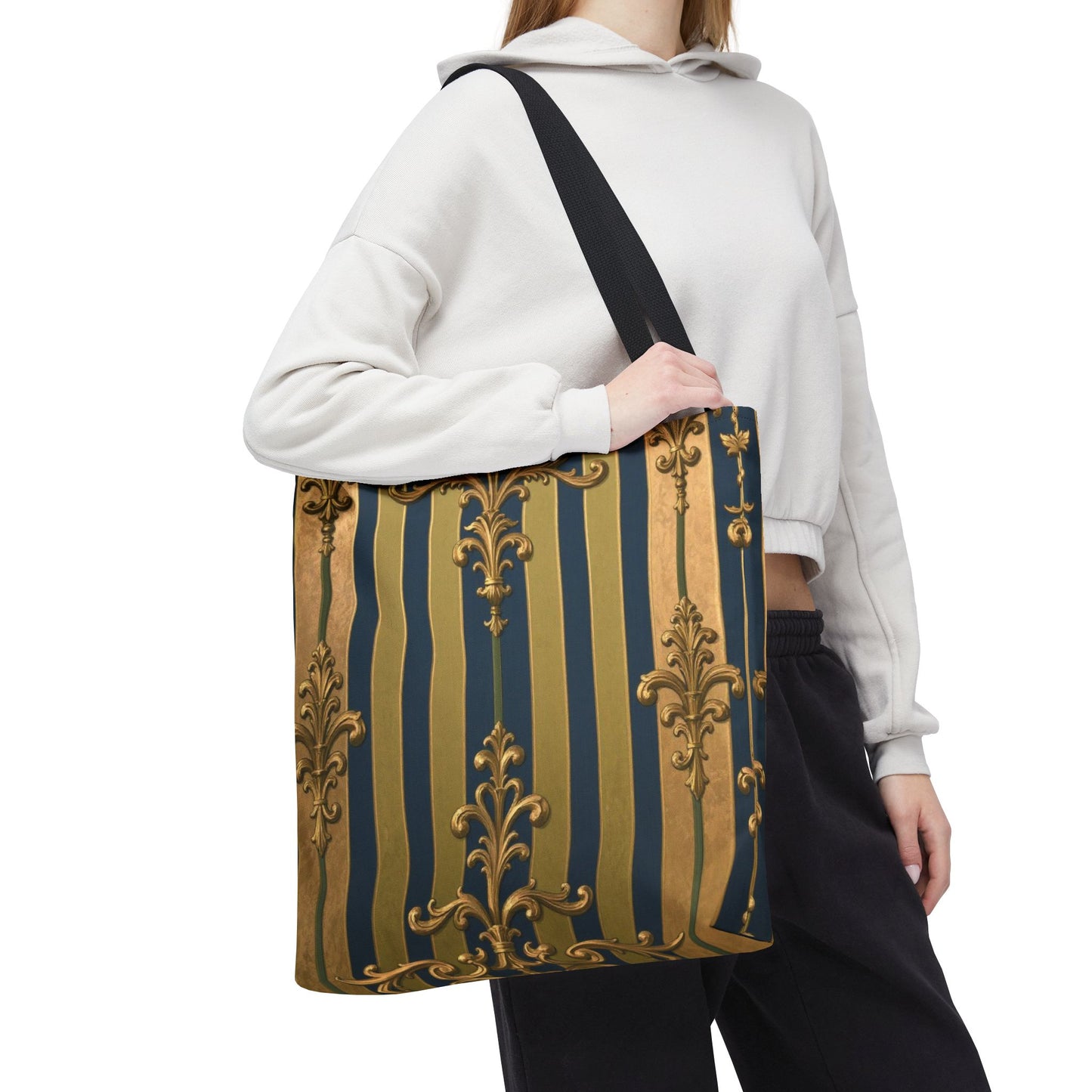 Elegant Midnight Blue & Olive Striped Gold Baroque Golden Striped Tote Bag, Stylish Shopping Bag, Trendy Handbag, Chic Gift for Her