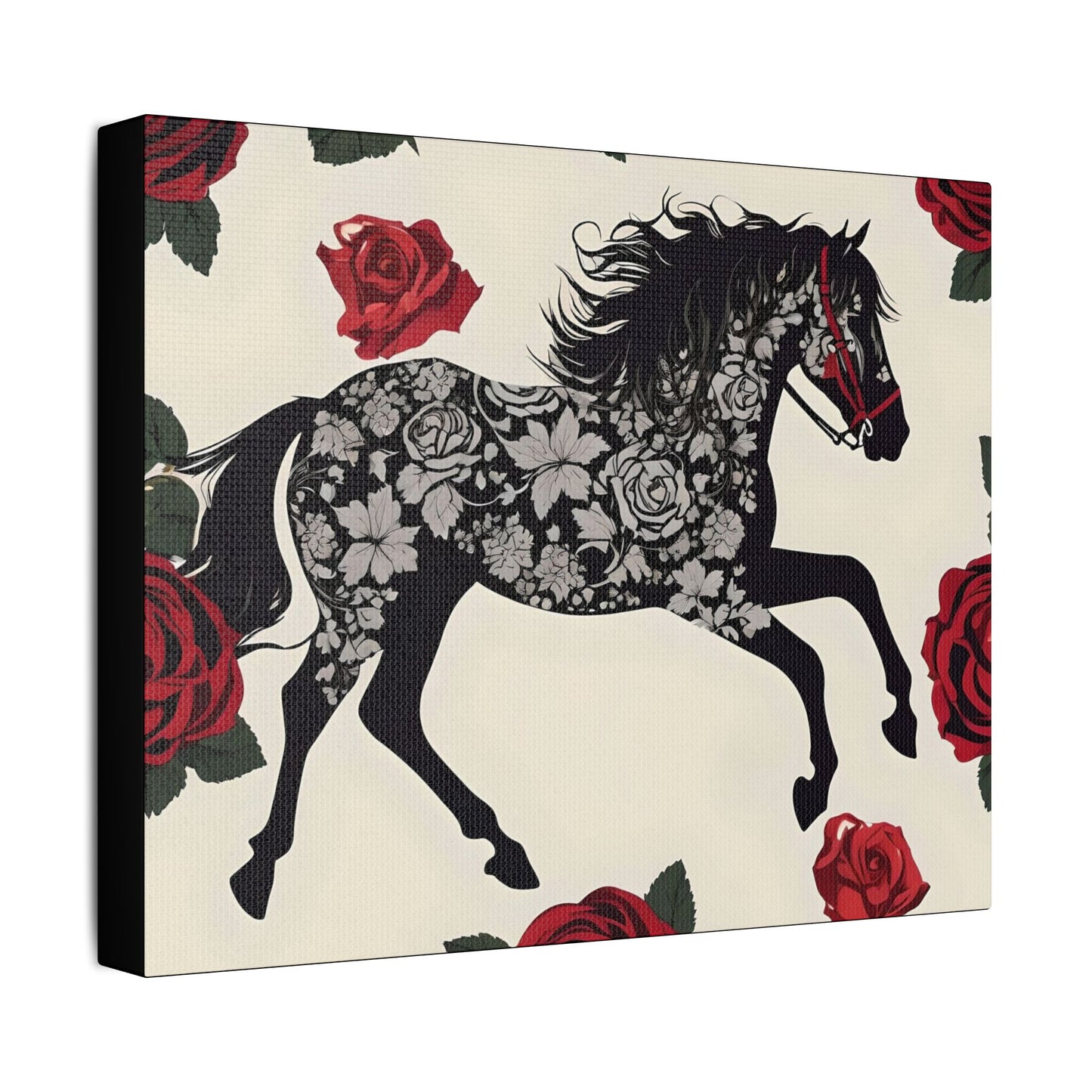 Art Print Canvas, Wall Decor, Satin Stretched Canvas, Equestrian Art, Office Decor, Home Decor - Horse & Roses