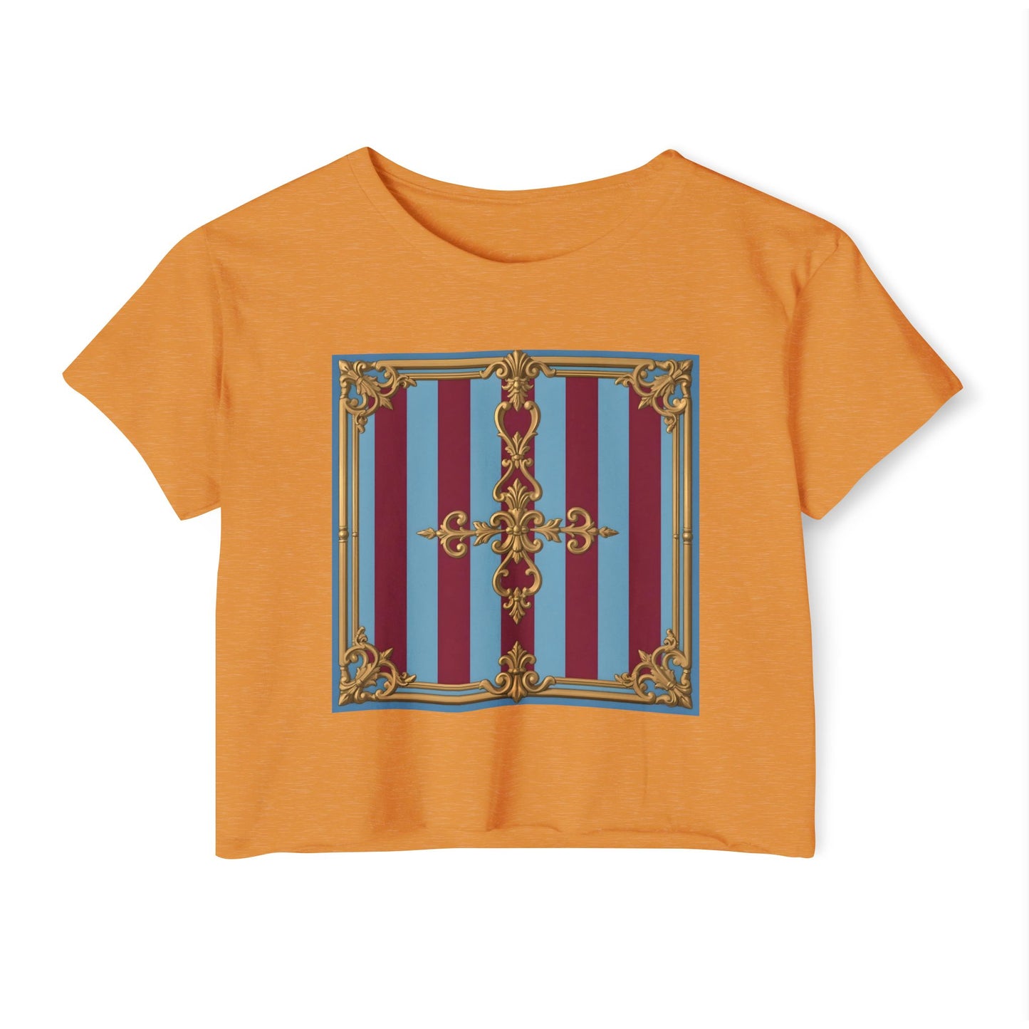 Women's Baroque Festival Crop Top, Summer Crop Tee, Casual Festival Wear, Concert Top, Eco-Friendly Fashion - Sky Blue & Maroon Striped Baroque