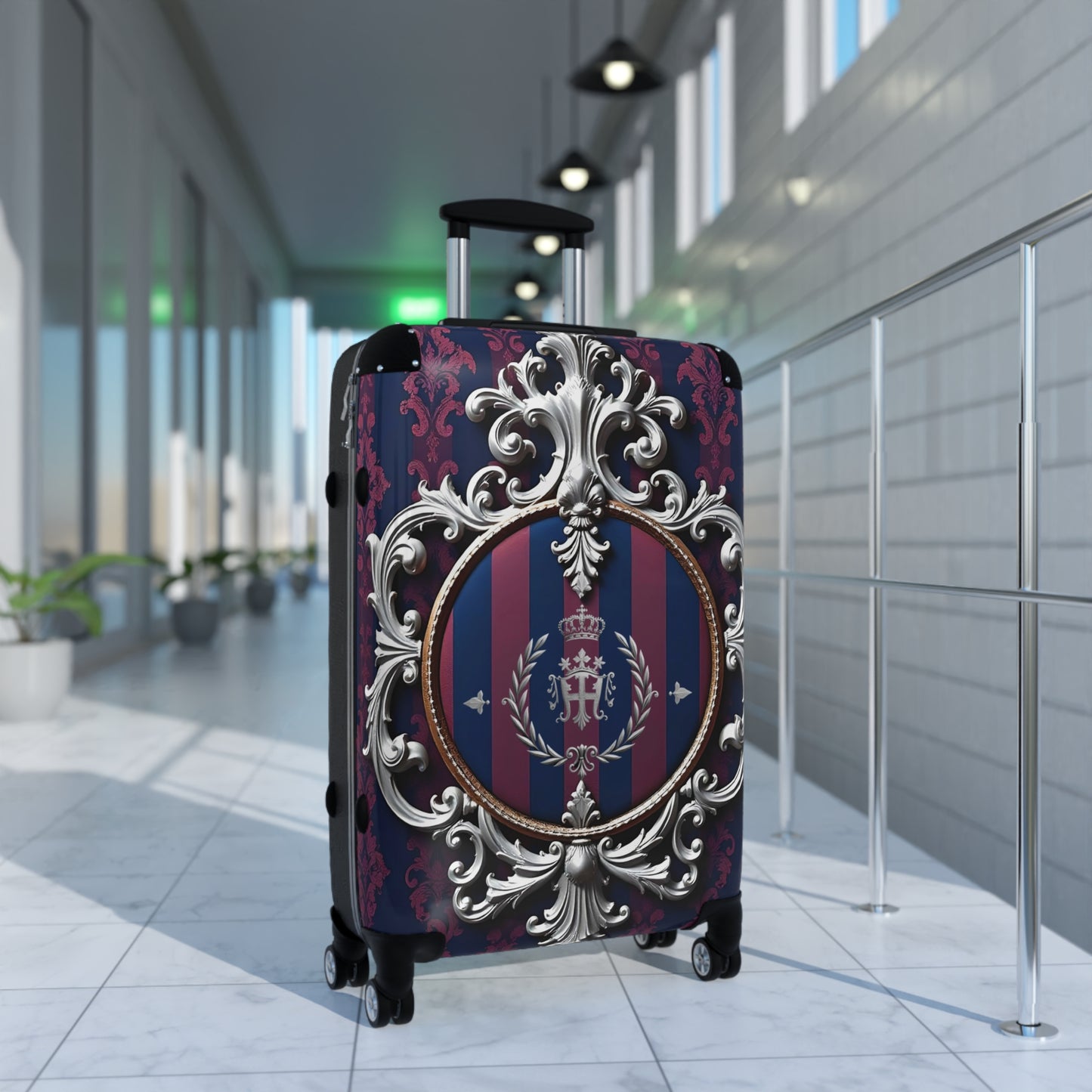 Elegant Suitcase for Travel, Stylish Luggage, Vintage Design Carry-On, Perfect for Adventures, Stylish Getaways - Blue & Plum Striped Silver Crest