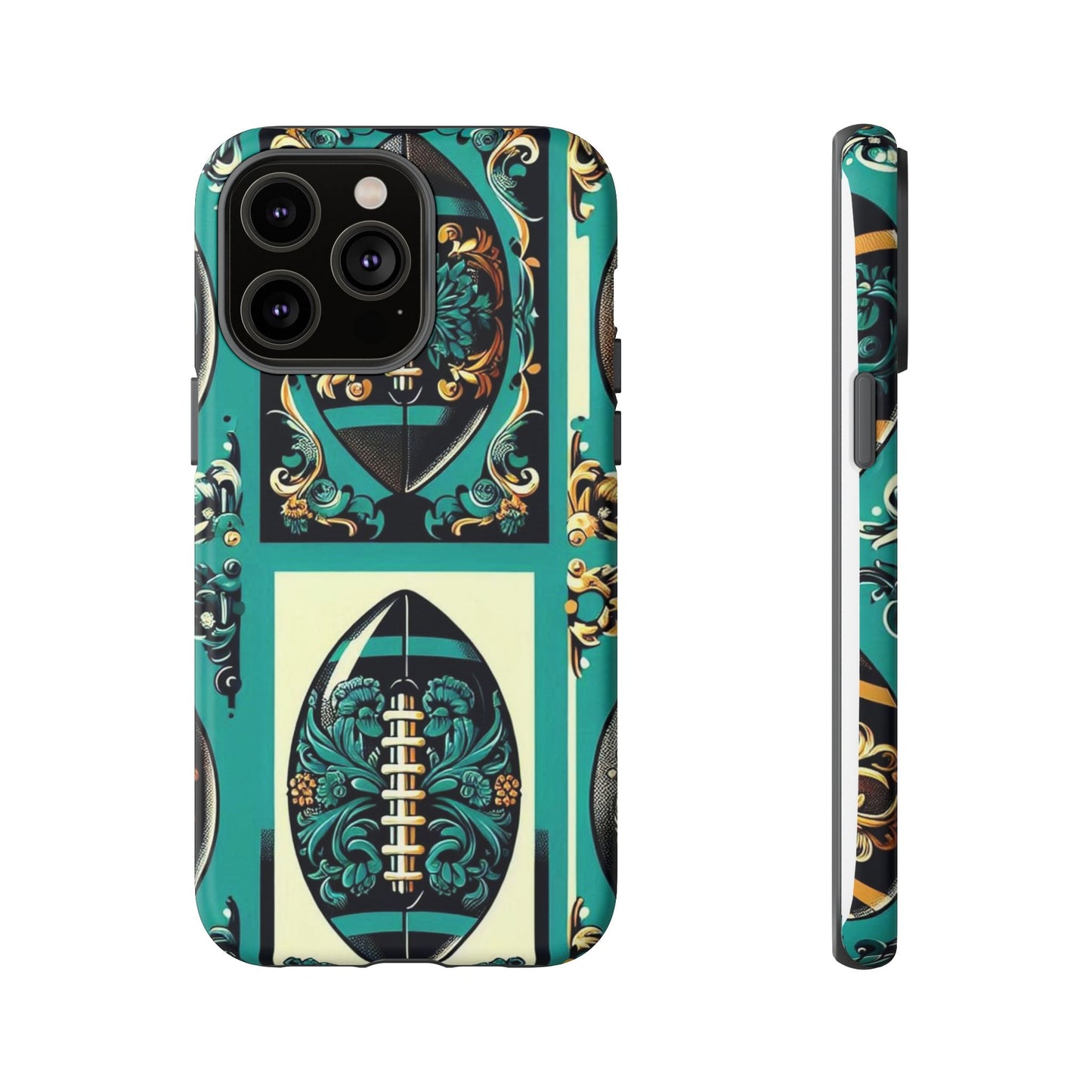 Elegant Floral Motif Phone Case - Tough Cases with Vintage Design -  Damask Teal, Gold & Black Footballs