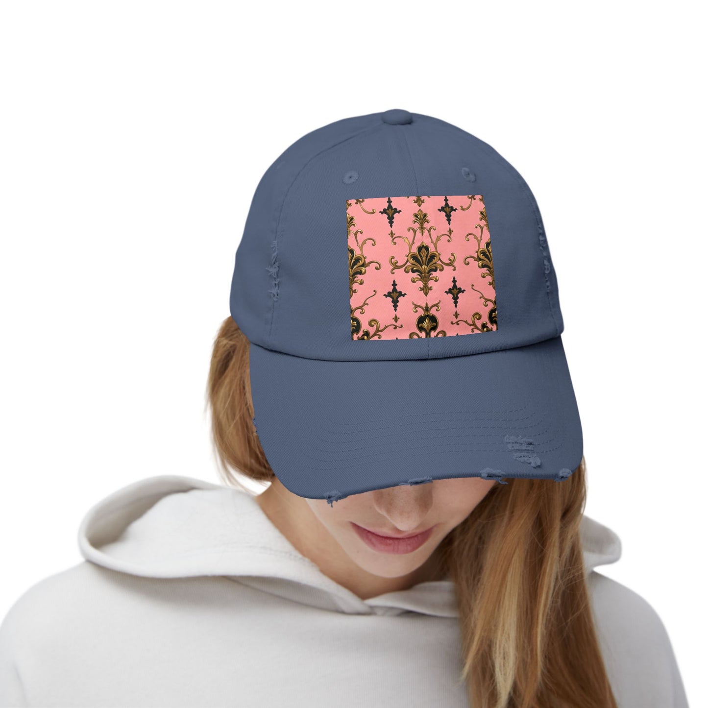 Chic Distressed Cap, Fashionable Baseball Hat, Casual Summer Headwear - Pink, Black & Gold Rococo