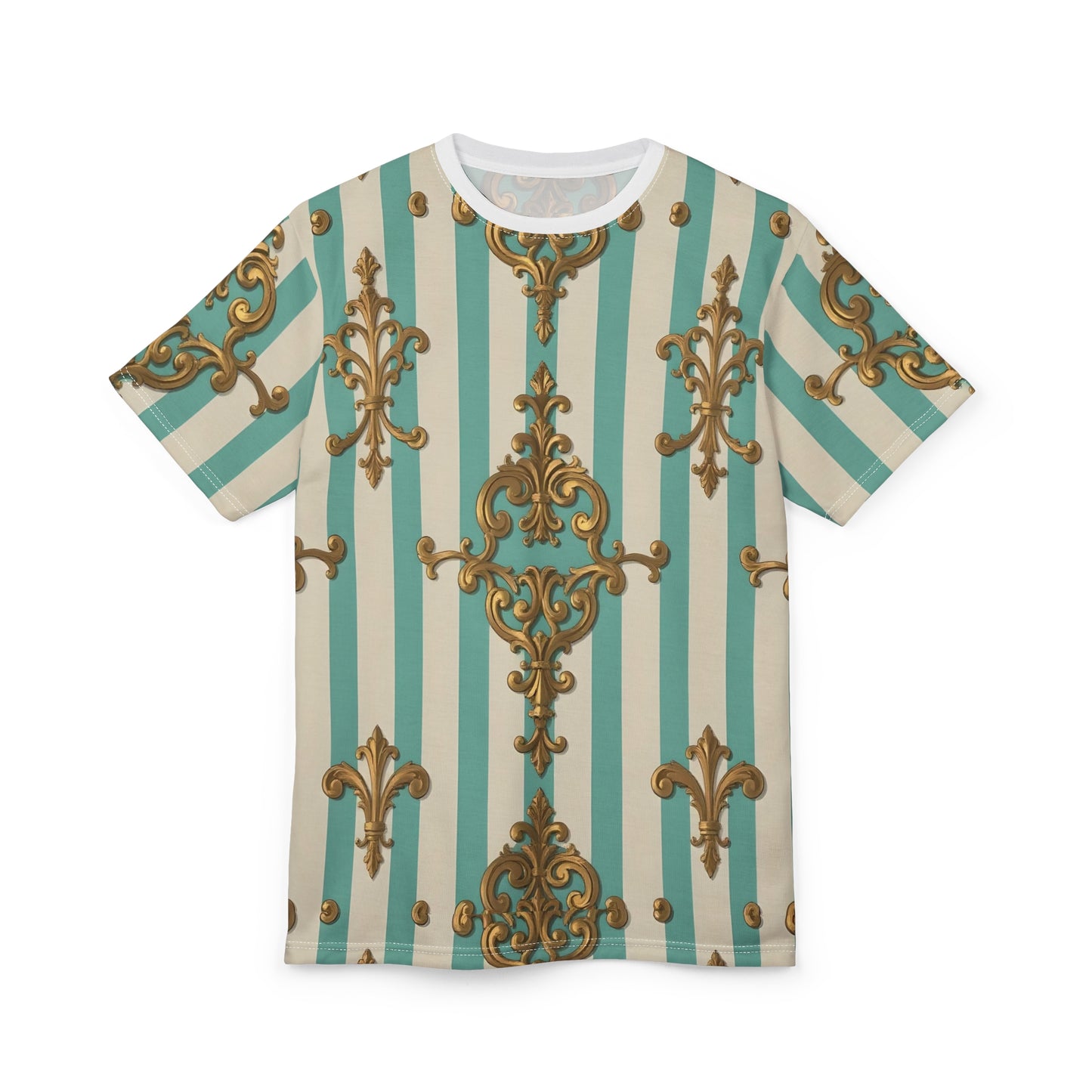 Vintage Elegance Unisex Tee, Bohemian Shirt, Stylish AOP Tee, Casual Fashion Top, Unique Gift for Him/Her - Matte Green Striped Rococo