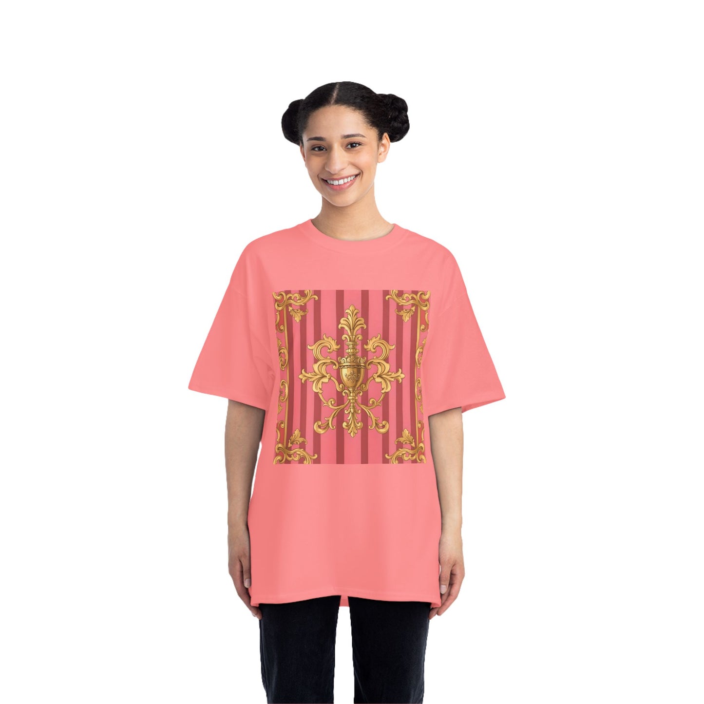 Chic Vintage Style Short-Sleeve T-Shirt - Elegant Baroque Design | Fashion Top, Gift for Her, Casual Wear - Pink Striped Gold Baroque