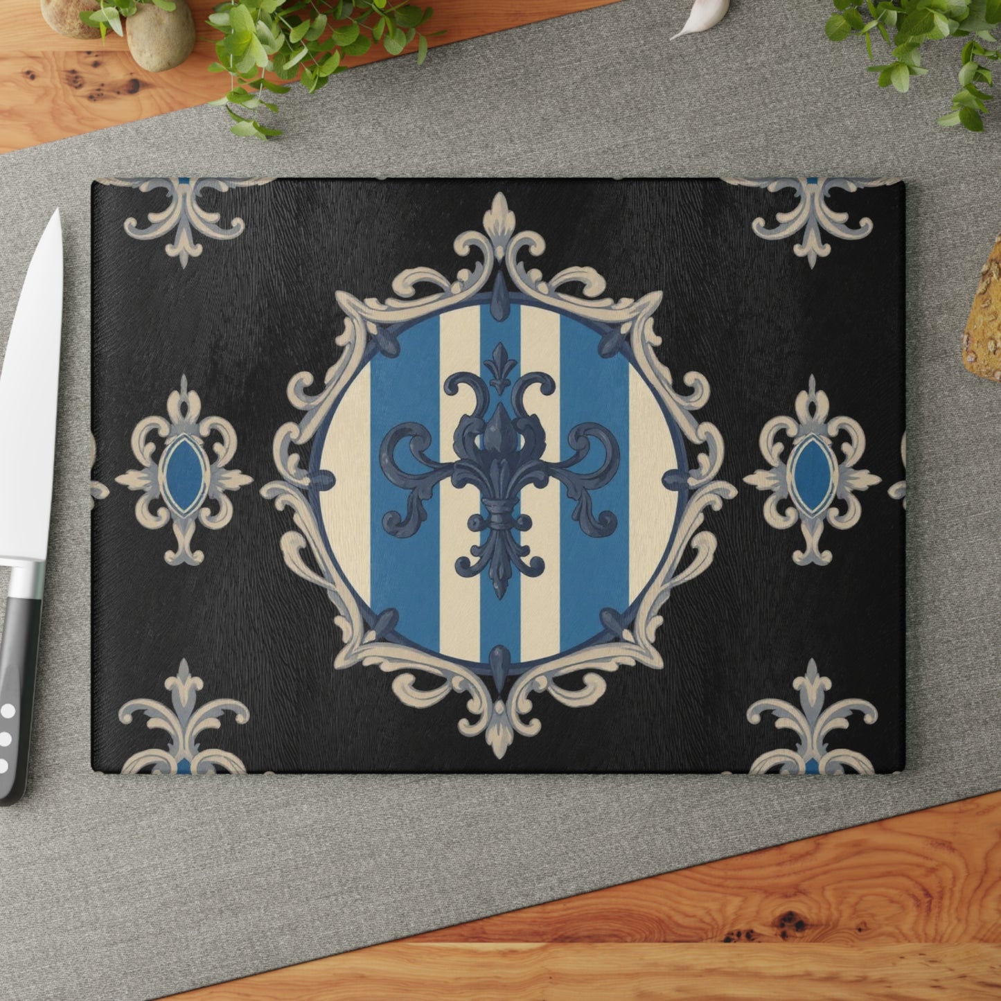Elegant Blue & Alabaster Striped Baroque Glass Cutting Board, Kitchen Decor, Housewarming Gift, Wedding Gift, Chef's Gift, Cooking Accessory