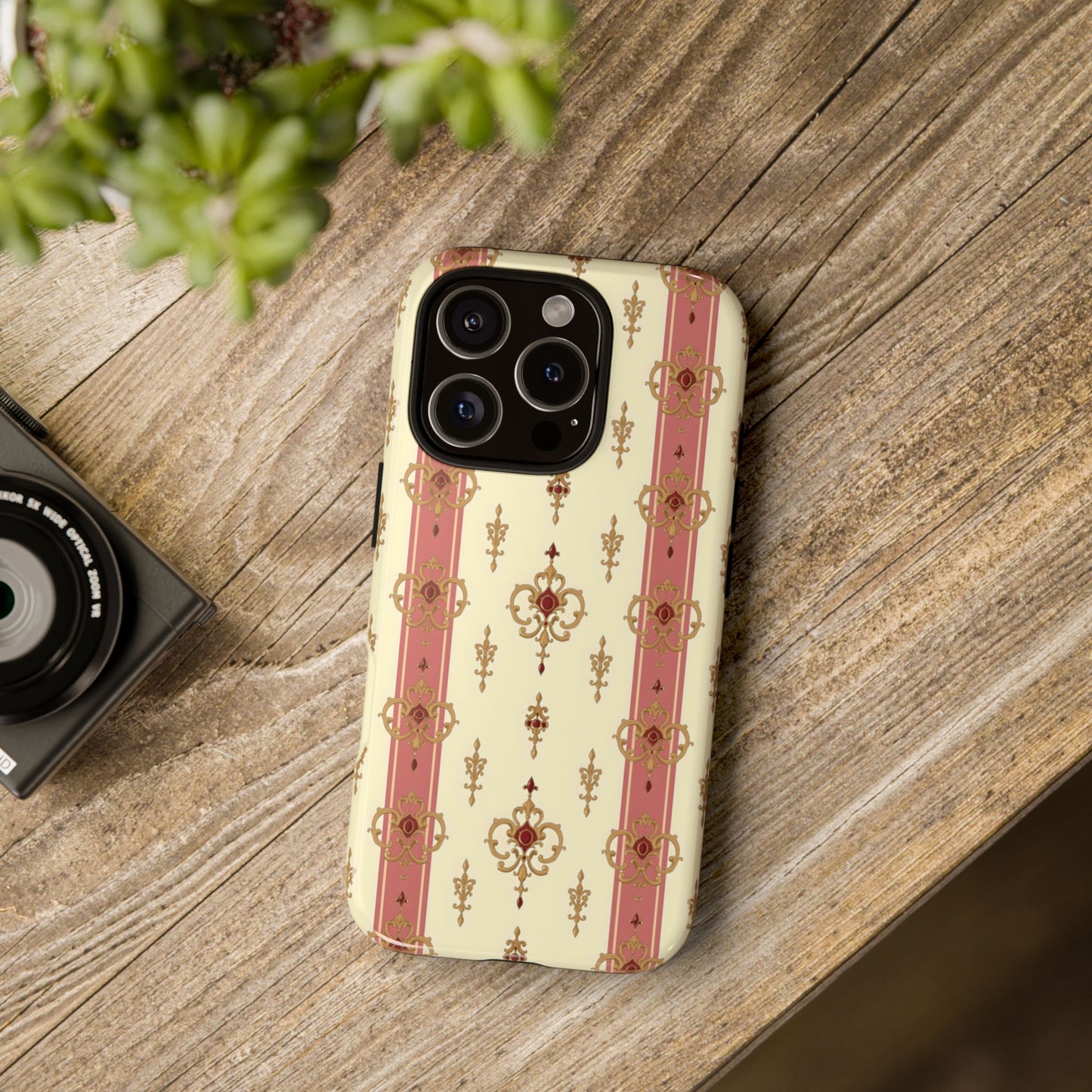 Elegant Floral Motif Phone Case - Tough Cases with Vintage Design - Mauve Striped Gold Damask