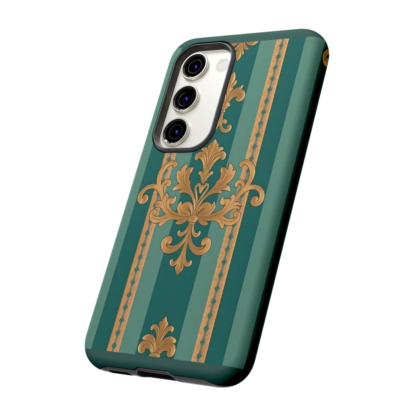 Elegant Floral Motif Phone Case - Tough Cases with Vintage Design - Teal Striped Gold Damask