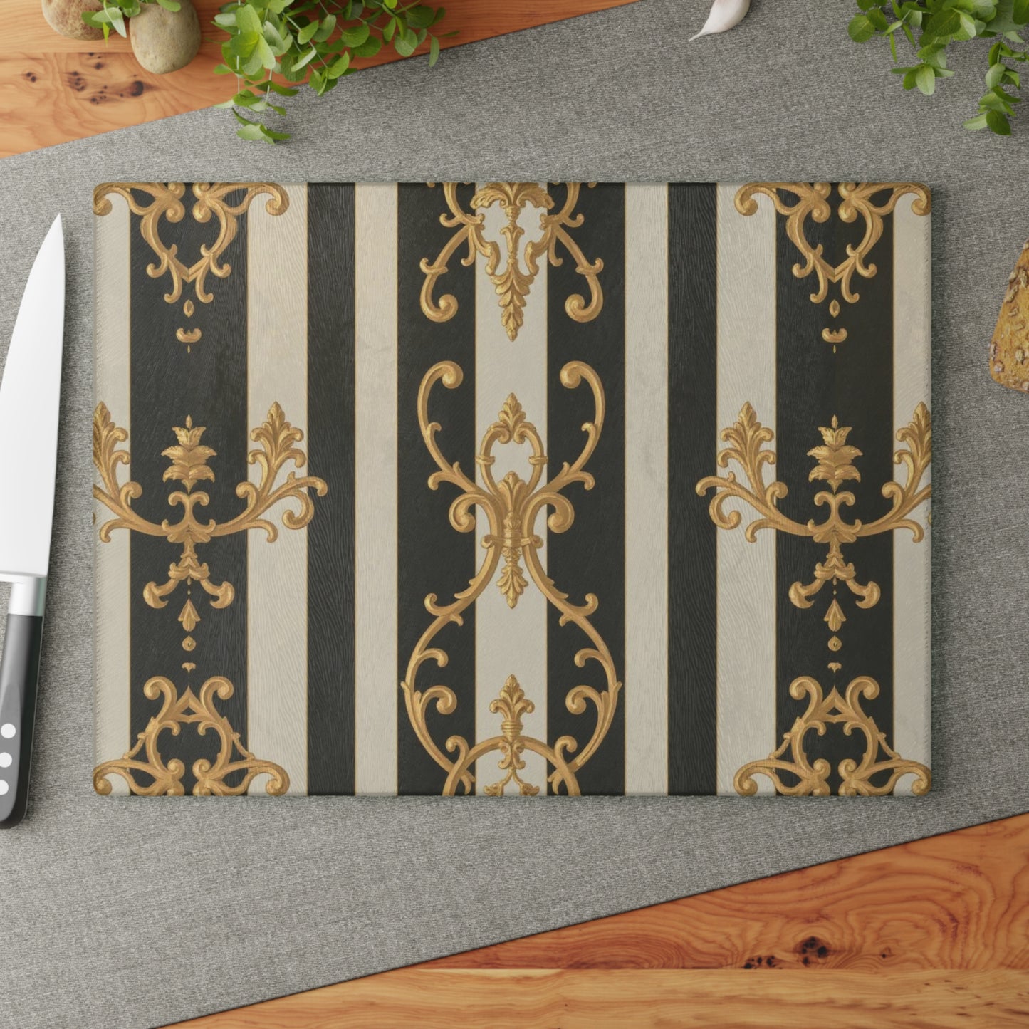 Elegant Black and Alabaster Striped Baroque Glass Cutting Board with Gold and Black Design, Kitchen Decor, Gift for Chefs, Wedding Present
