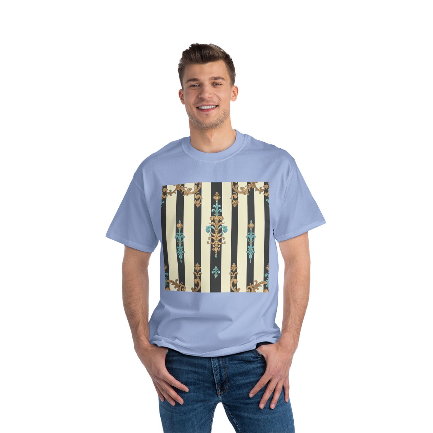 Elegant Floral Pattern Tee, Vintage Style T-Shirt, Gift for Her, Casual Outfit - Black Striped Turquoise & Black Rococo