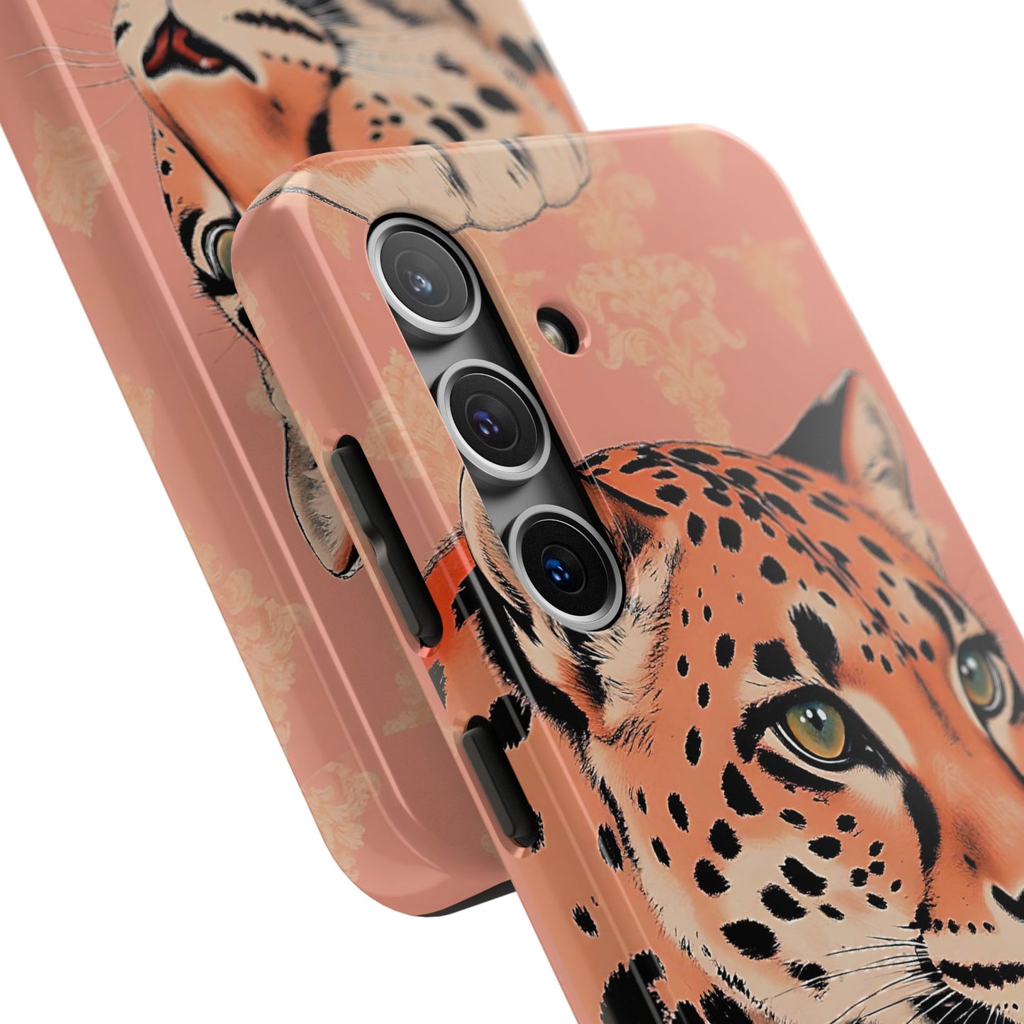 Leopard Tough Phone Case - Trendy Floral Motif Design for Animal Lovers - Peach Leopard & Damask