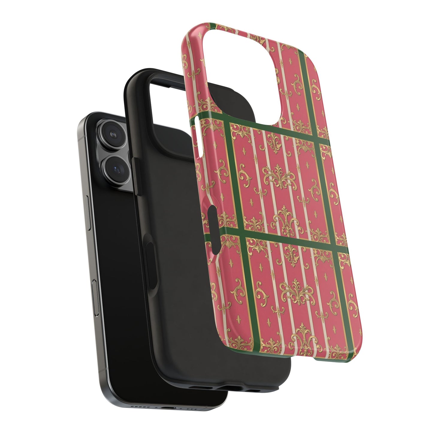 Elegant Green Border Pink Striped Baroque Phone Cases, Tough Phone Cases for Protection, Stylish Mobile Accessories, Gift for Her, Holiday Tech Gifts