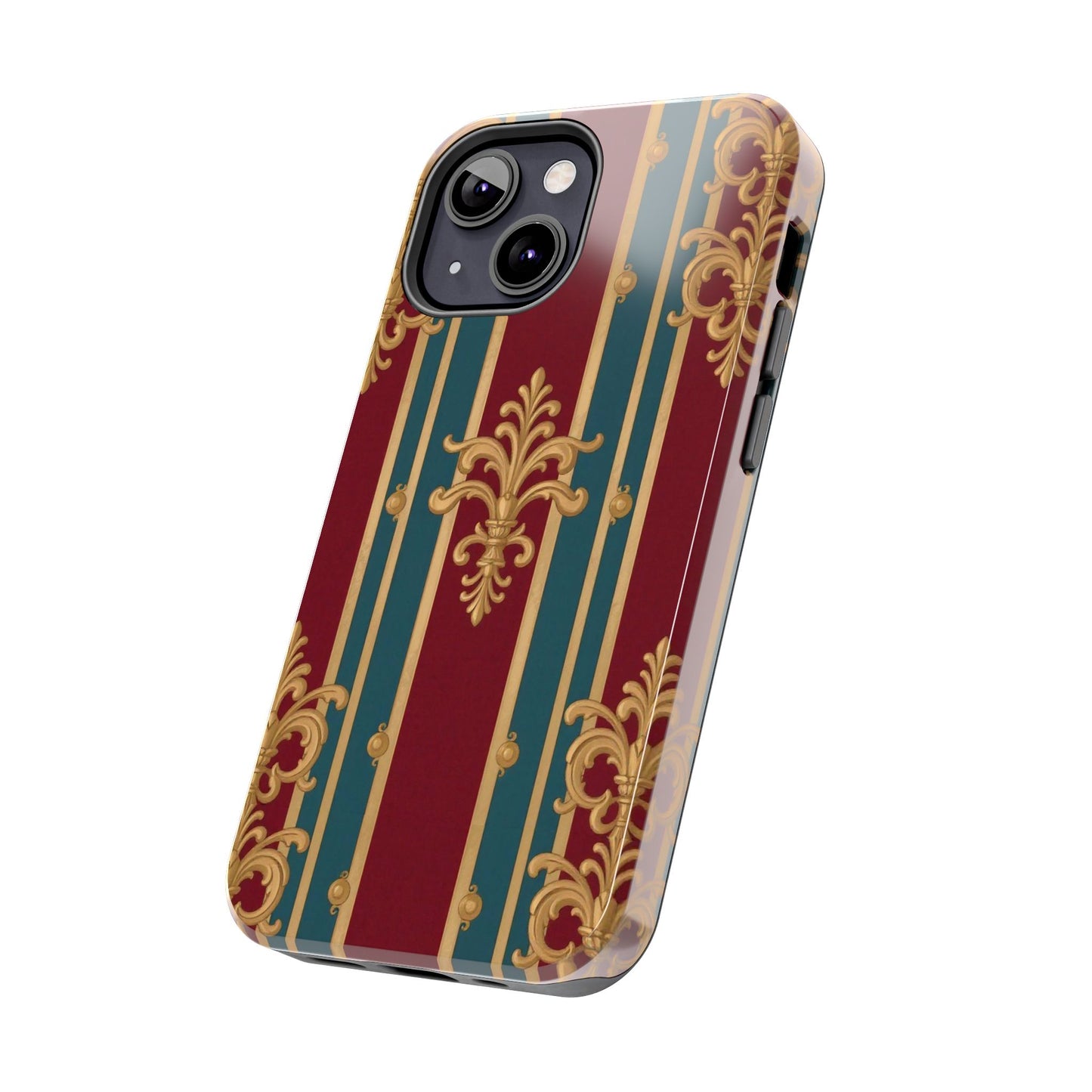 Elegant Vintage Tough Phone Case, Luxury Phone Protection, Stylish Phone Cover, Durable Phone Accessory - Burgundy Striped Gold Baroque