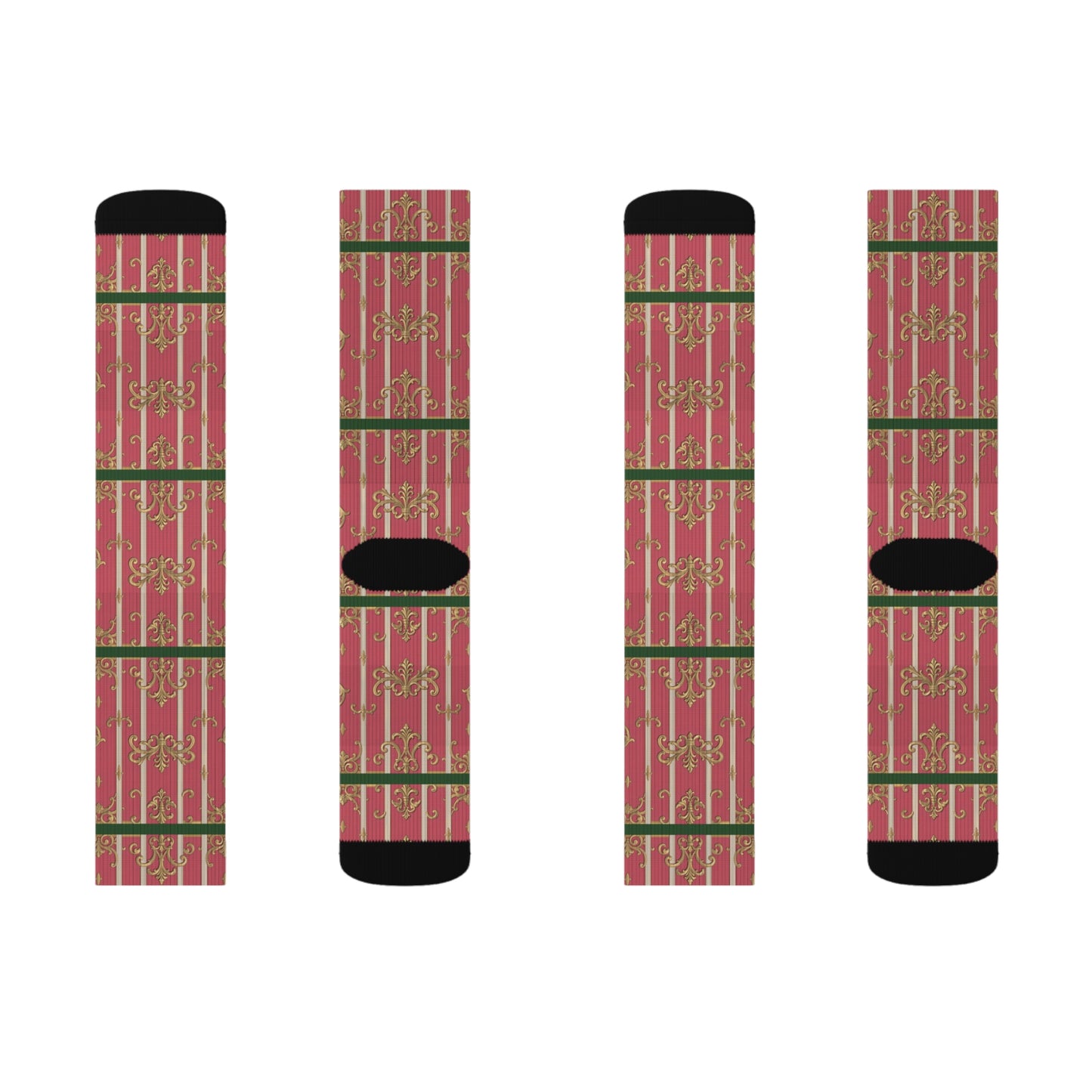 Green Border Pink Striped Baroque Socks, Holiday Gift Socks, Cozy Winter Socks, Christmas Socks, Unique Sublimated Socks