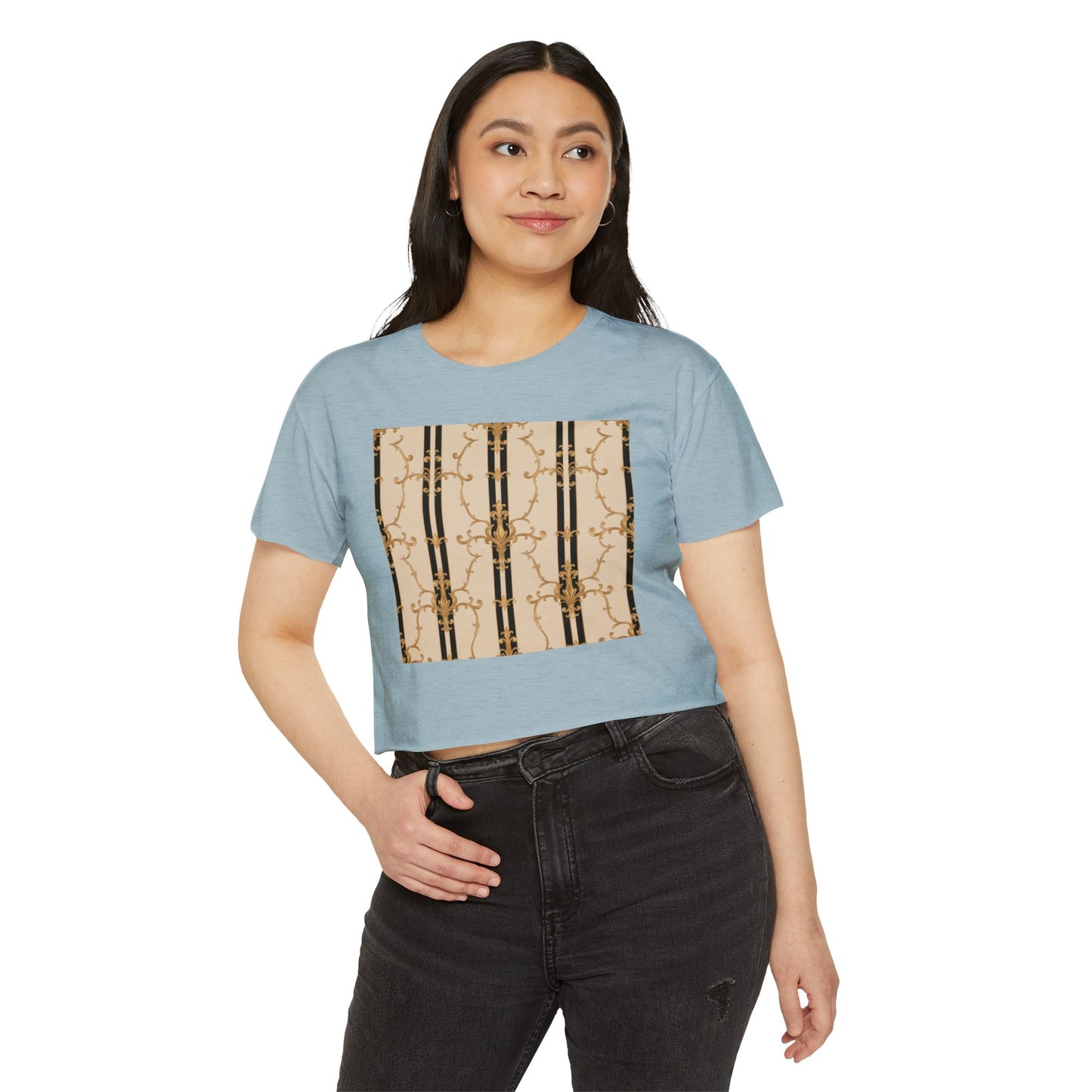 Festival Crop Top, Stylish Summer Tee, Trendy Women's Shirt, Festival Wear, Perfect for Music Events - Black & Beige Striped Damask