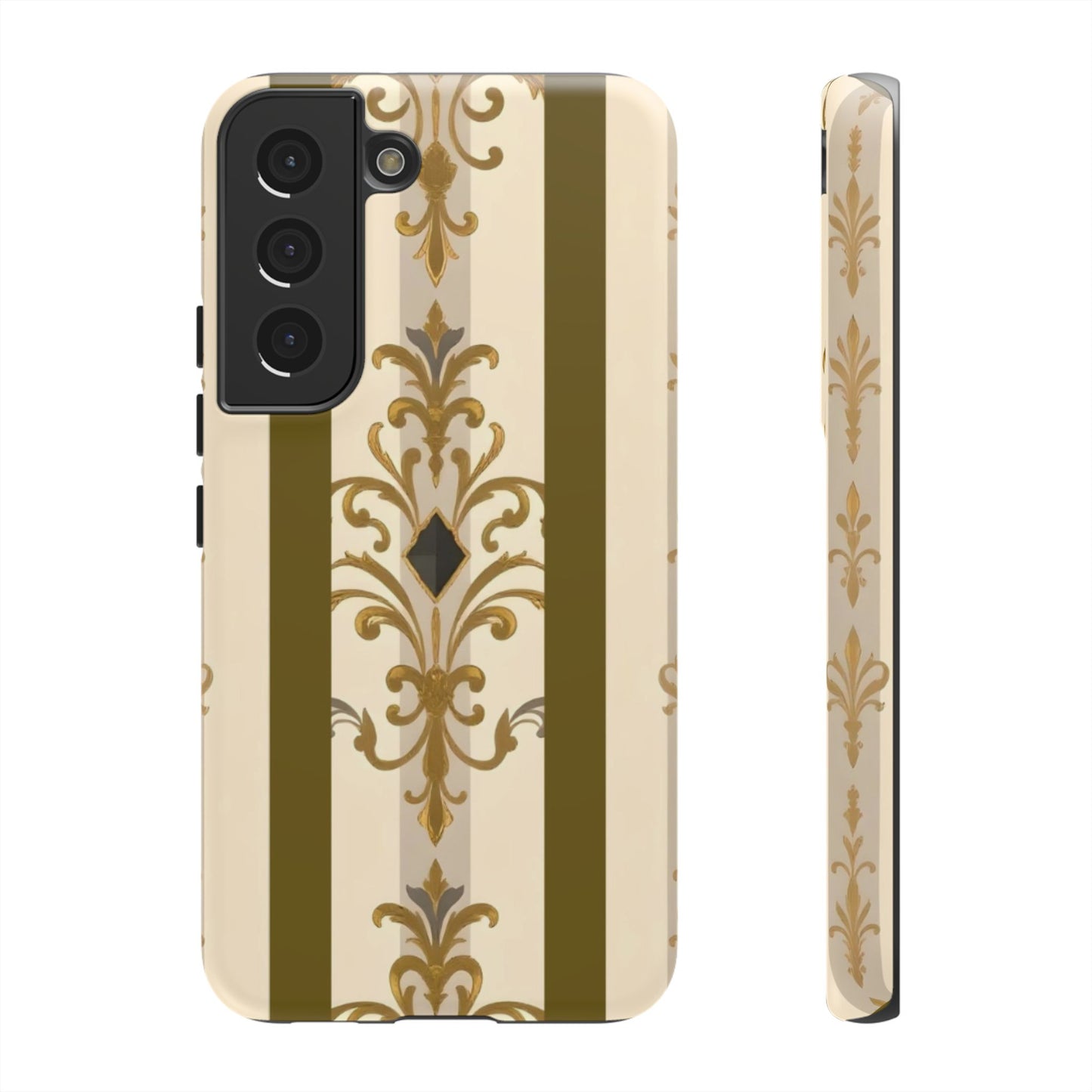 Elegant Floral Motif Phone Case - Tough Cases with Vintage Design - Olive Striped Gold Damask