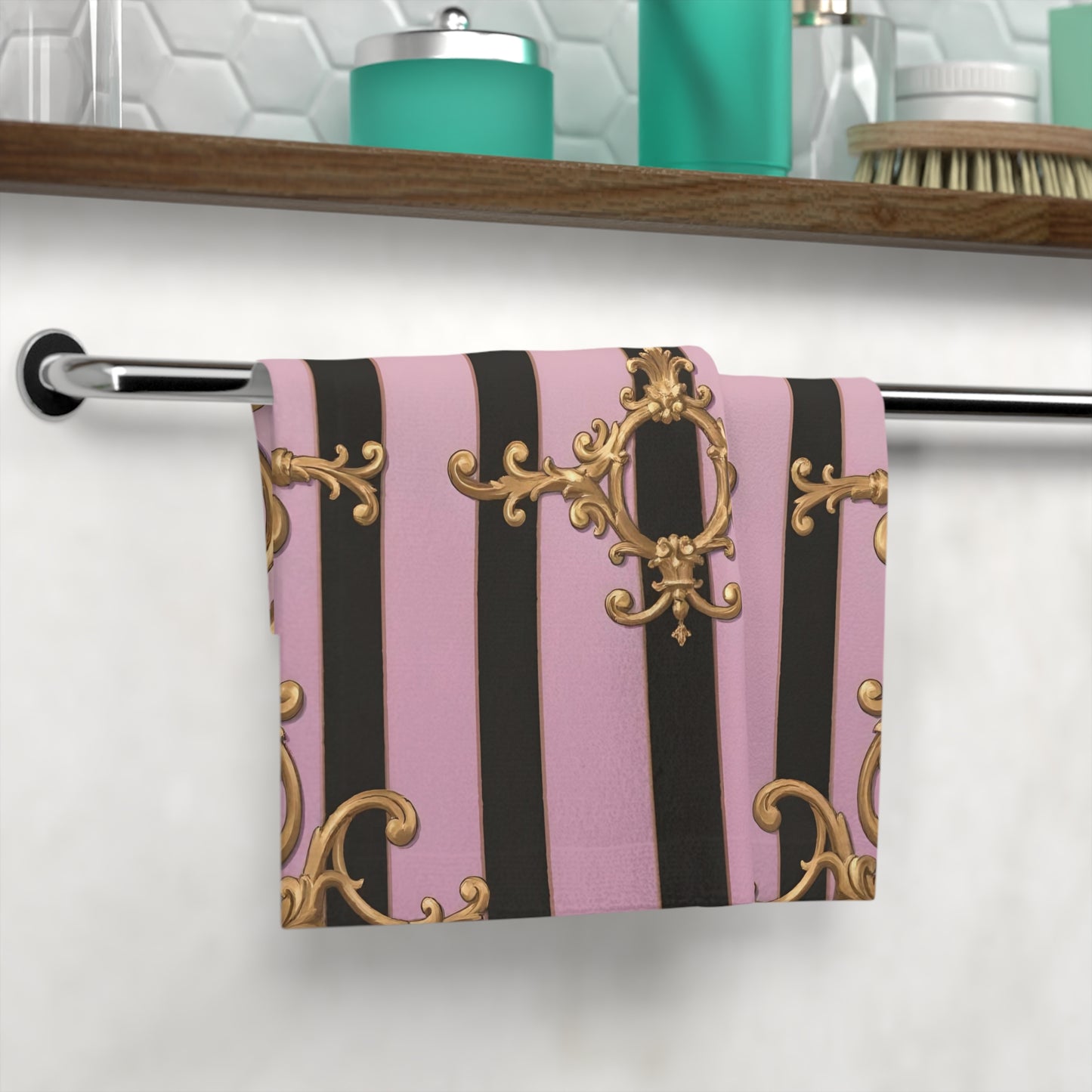 Elegant Decorative Face Towel - Luxurious Home Spa Accents, Gifts for Her, Bathroom Decor - Matte Lavender & Black Striped Gold Baroque