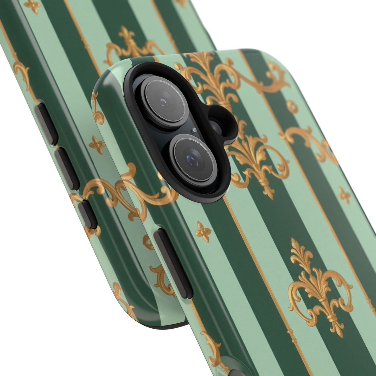 Elegant Floral Tough Phone Cases | Stylish Phone Protection, Gift for Her, Trendy Accessory, Unique Decor - Mint Green & Teal Striped Gold Baroque