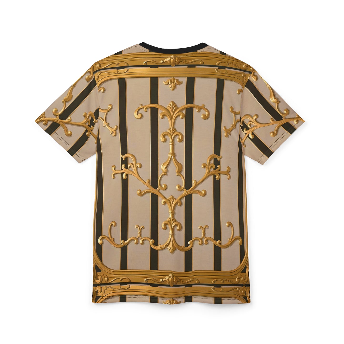 Luxurious Baroque Unisex Tee, Gold and Black Fashion Shirt for Casual Wear - Beige Striped Gold Rococo