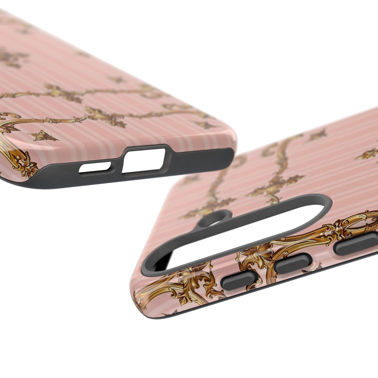 Elegant Floral Phone Case, Tough Cases for Women, Trendy Phone Cover, Chic Gift - Pink Striped Gold Baroque