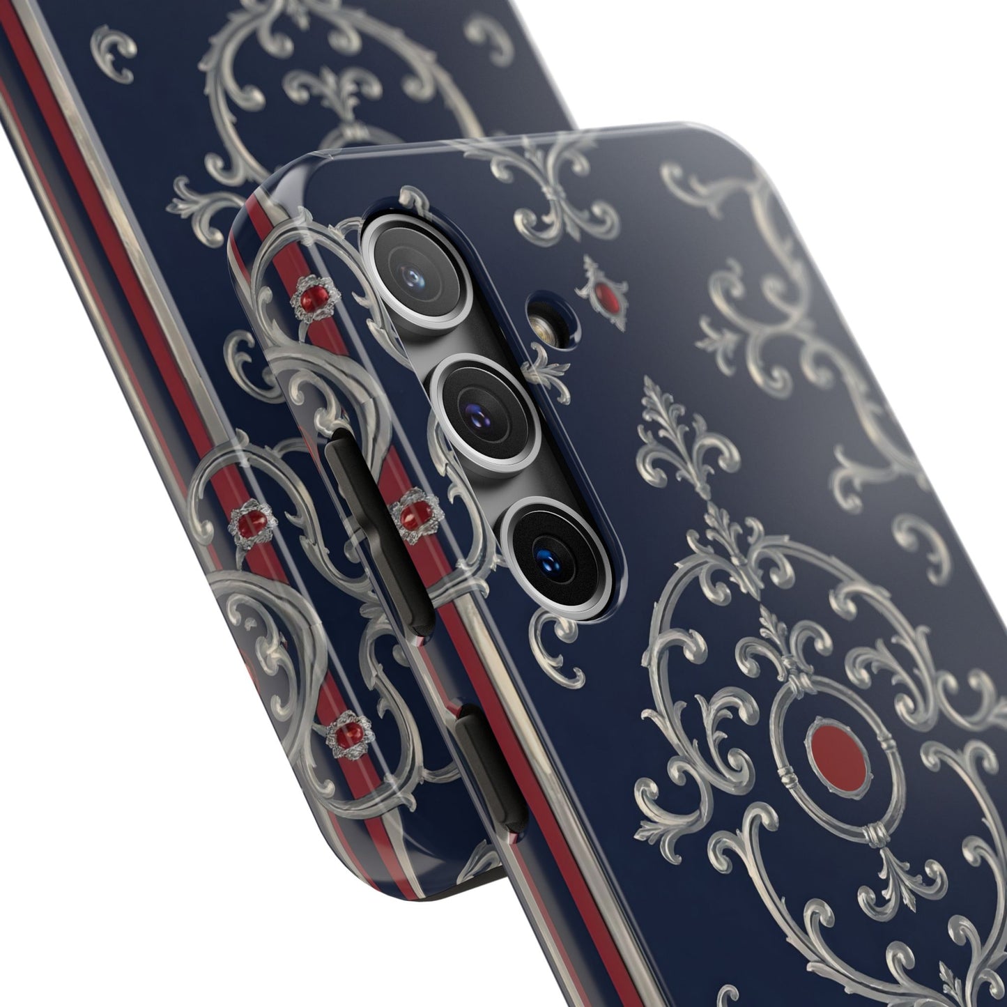 Elegant Patterned Tough Phone Cases for Stylish Protection, Gift for Her, Unique Accessories - Blue & Red Striped Silver Baroque