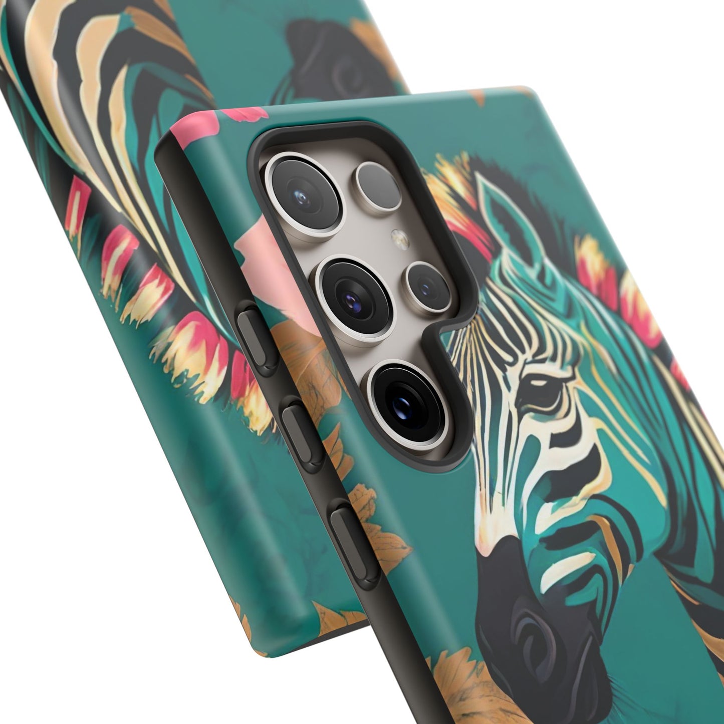 Phone Case - Elegant Teal & Gold Zebra & Roses Design