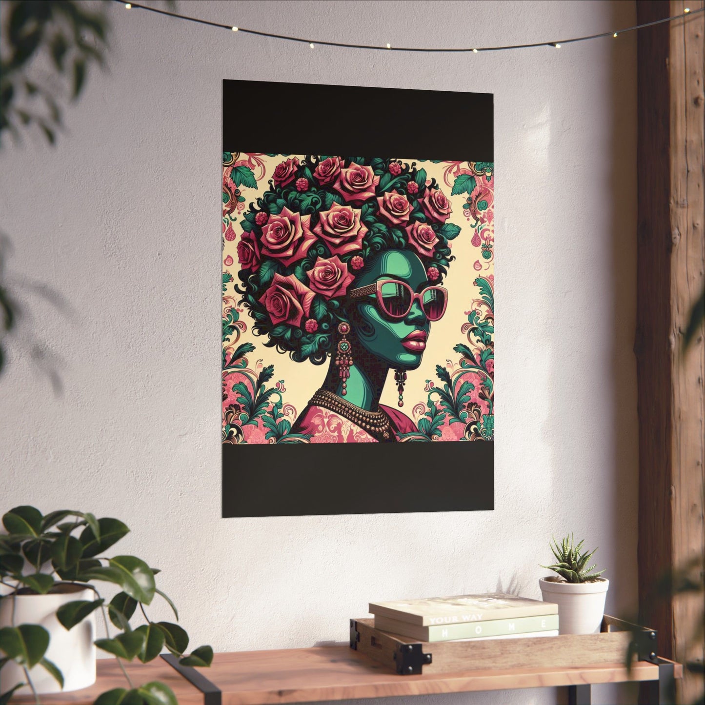 Floral Afro Art Poster - Elegant Matte Vertical Wall Decor - Teal Lady With Damask & Roses