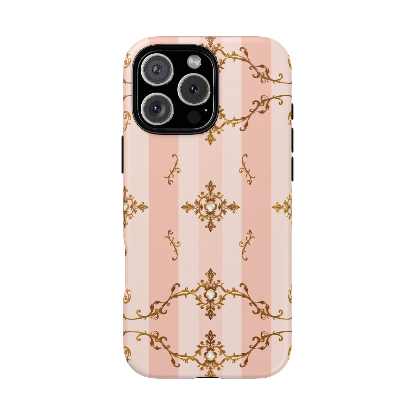 Elegant Floral Phone Case, Tough Cases for Women, Trendy Phone Cover, Chic Gift - Pink Jeweled Striped Gold Baroque