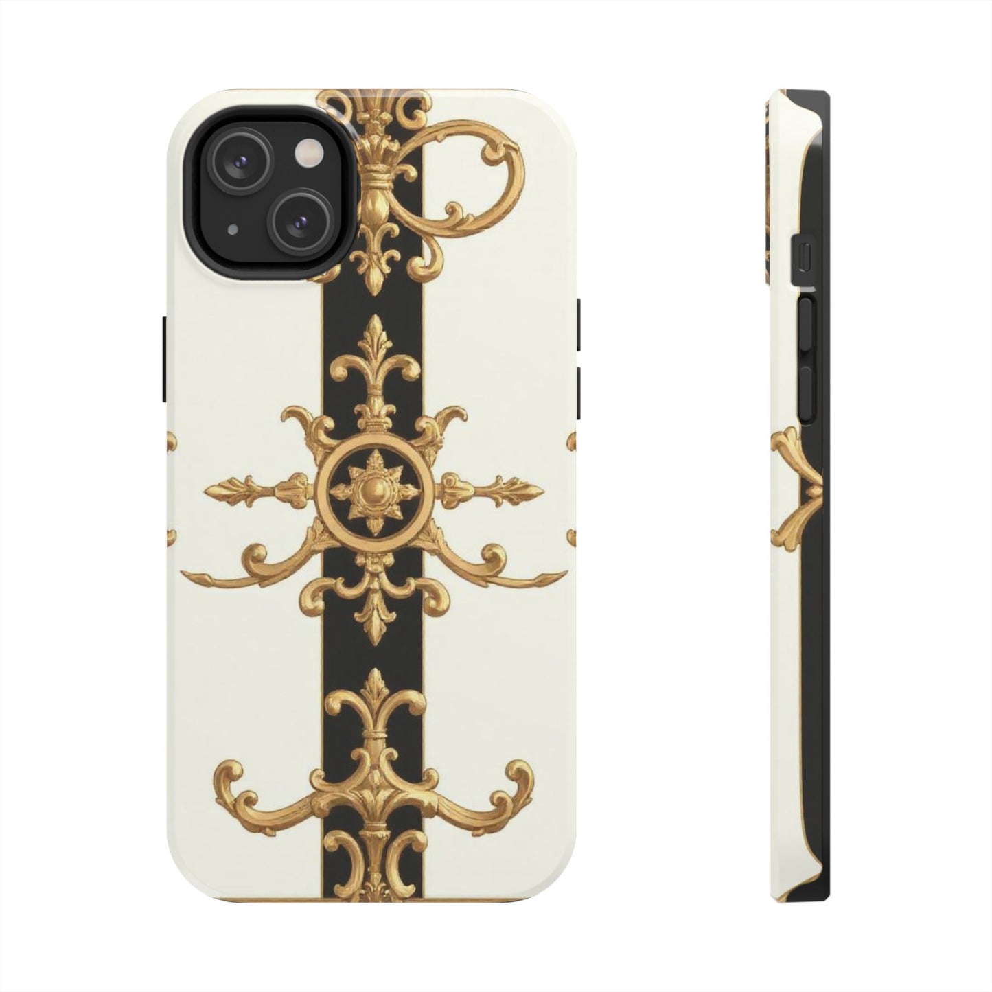Elegant Baroque Tough Phone Case | Stylish Protection for Your Device, Gift for Her, Phone Accessories - Black & White Striped Gold Baroque