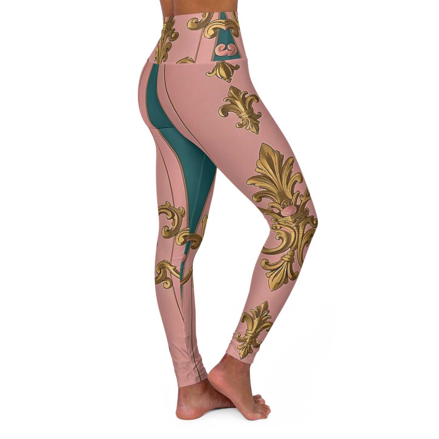 Elegant High Waisted Yoga Leggings, Stylish Activewear, Comfortable Leggings for Fitness - Pink & Teal Striped Gold Baroque