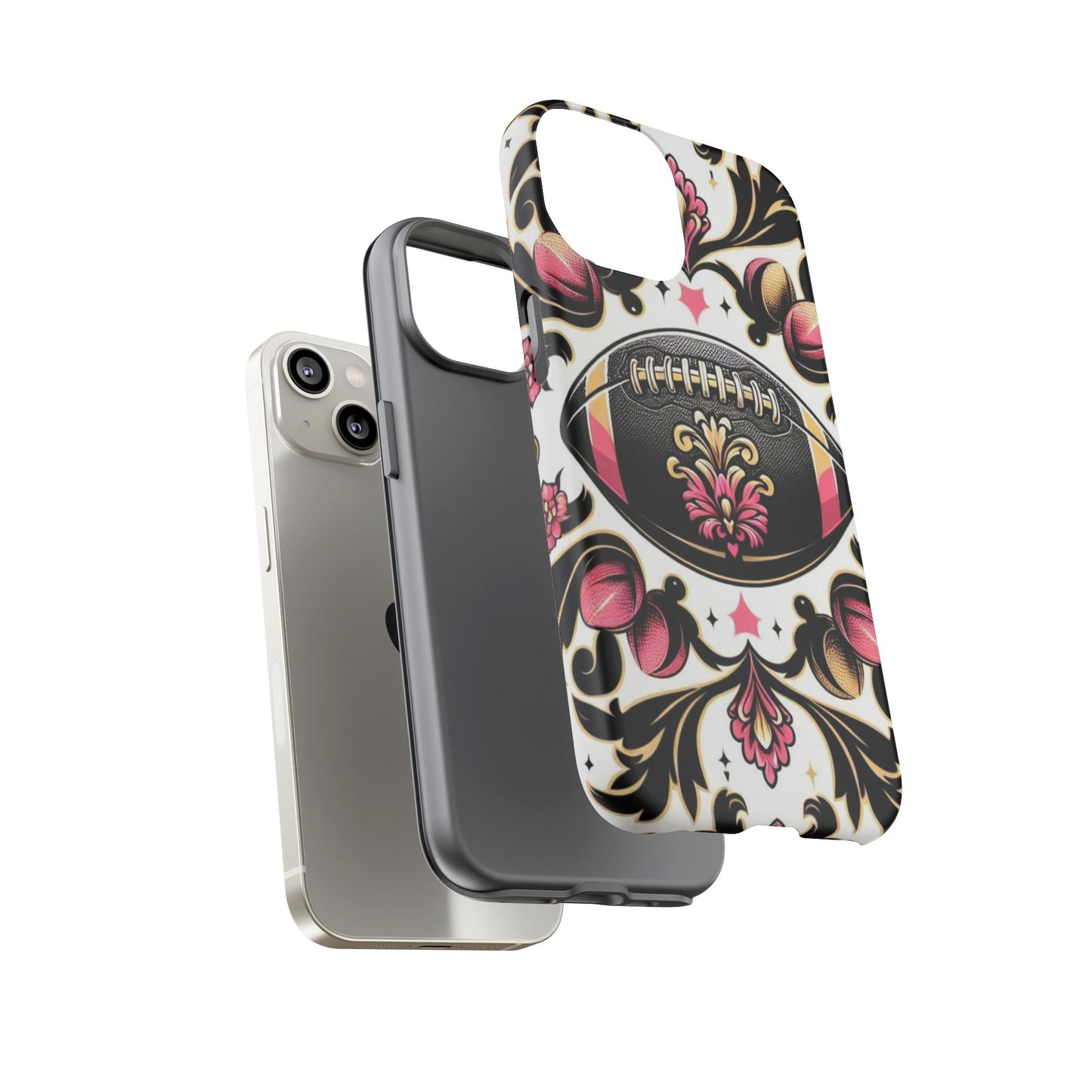 Elegant Floral Motif Phone Case - Tough Cases with Vintage Design - Damask White, Pink Gold & Black Football