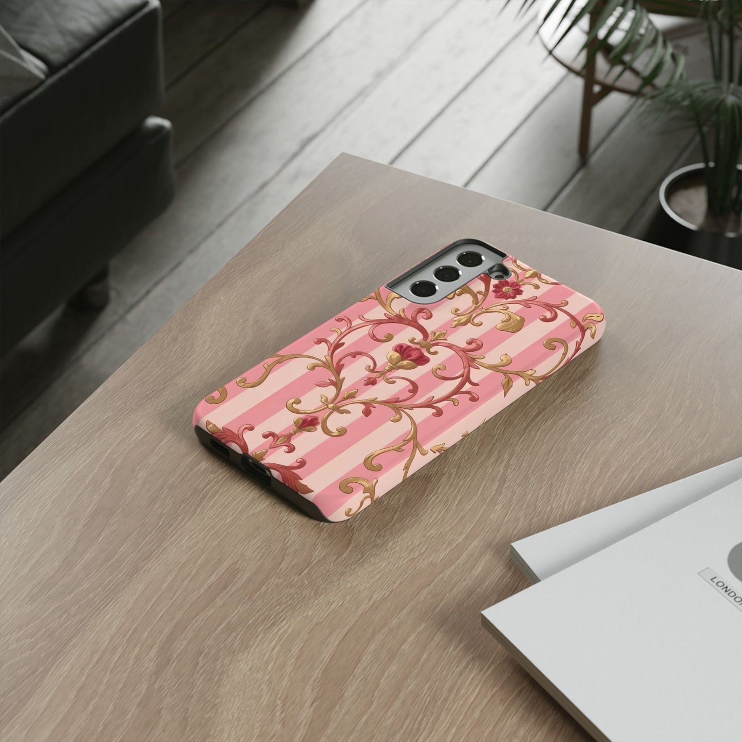 Elegant Floral Motif Phone Case - Tough Cases with Vintage Design - Pink Striped Rose Gold Damask